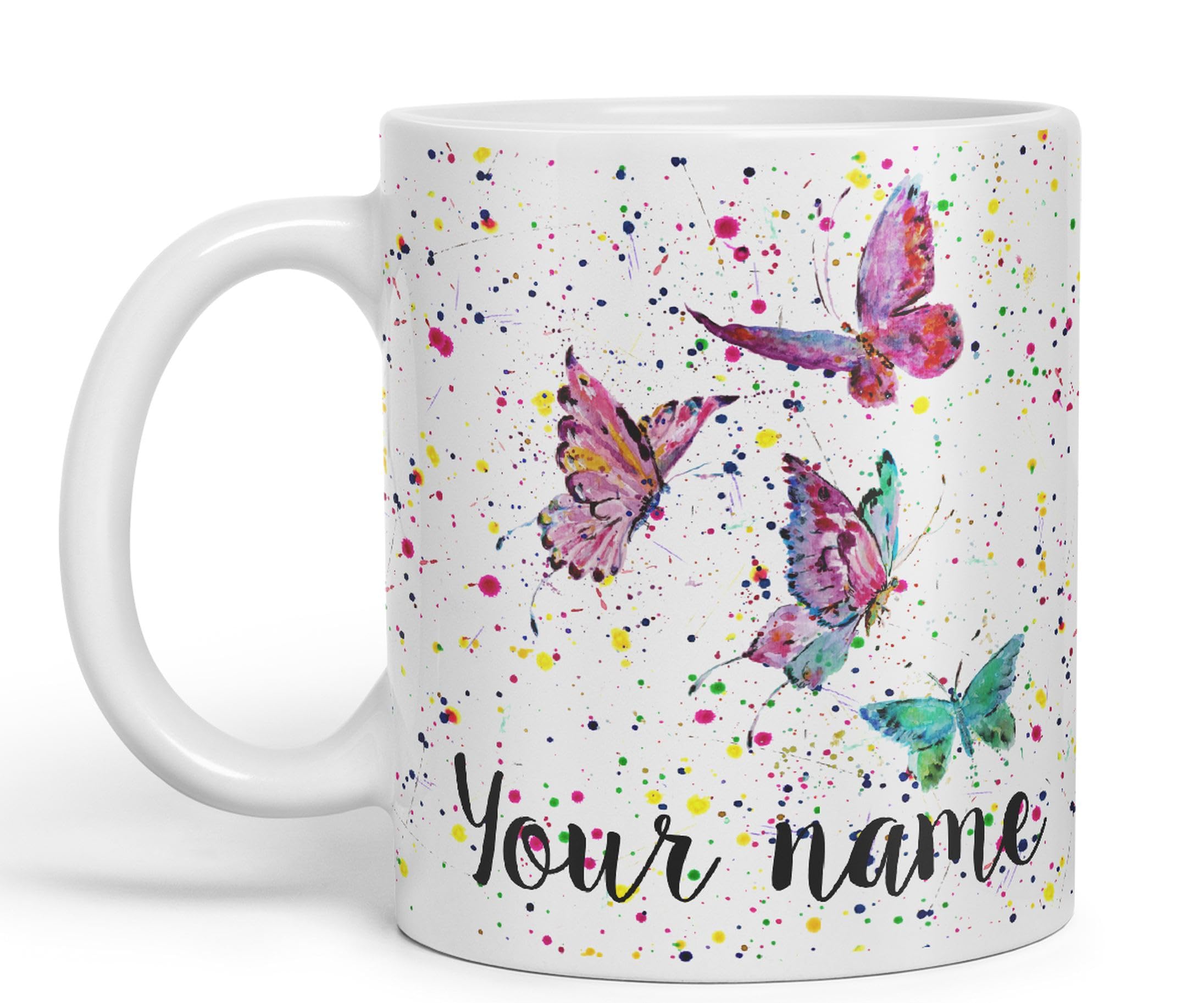 Vixar Personalised Mug with Your Text Name Butterfly Animals Watercolour Art Coloured Ceramic Mug Cup Gift 330ml 11oz Custom Work Office Tea Coffee (White)