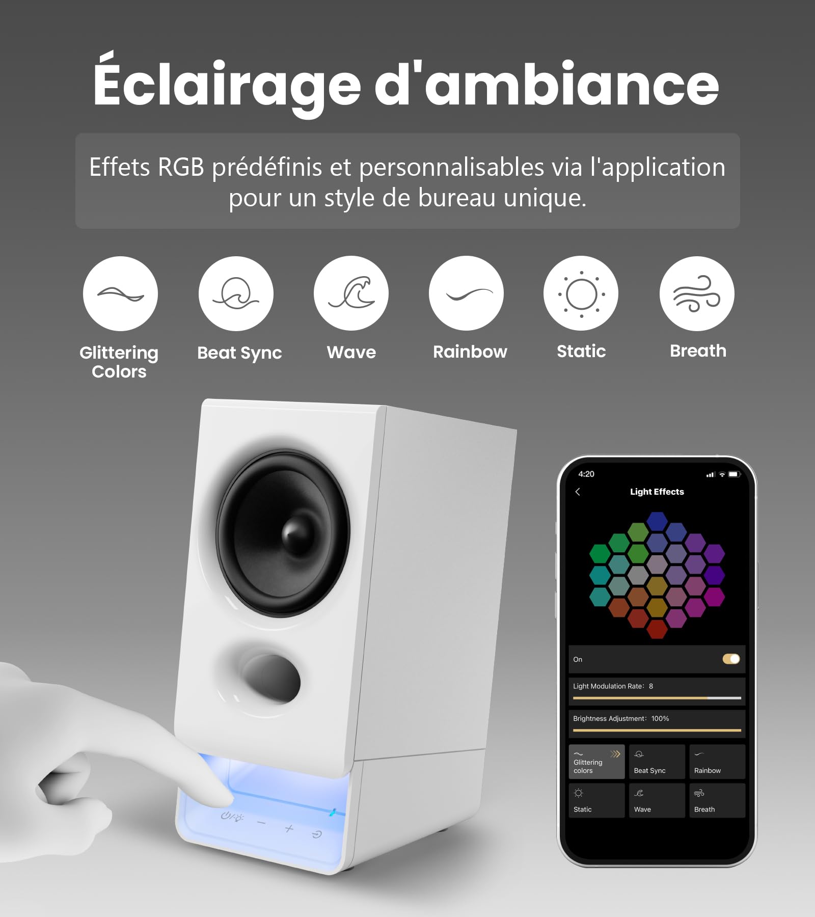 Edifier R20BT Enceintes USB Bluetooth 6.0 avec Haut-Parleurs Large Bande 2,75", Commandes Tactiles, Entrée AUX, Prise Casque, Éclairage Personnalisable Via Application - Blanc