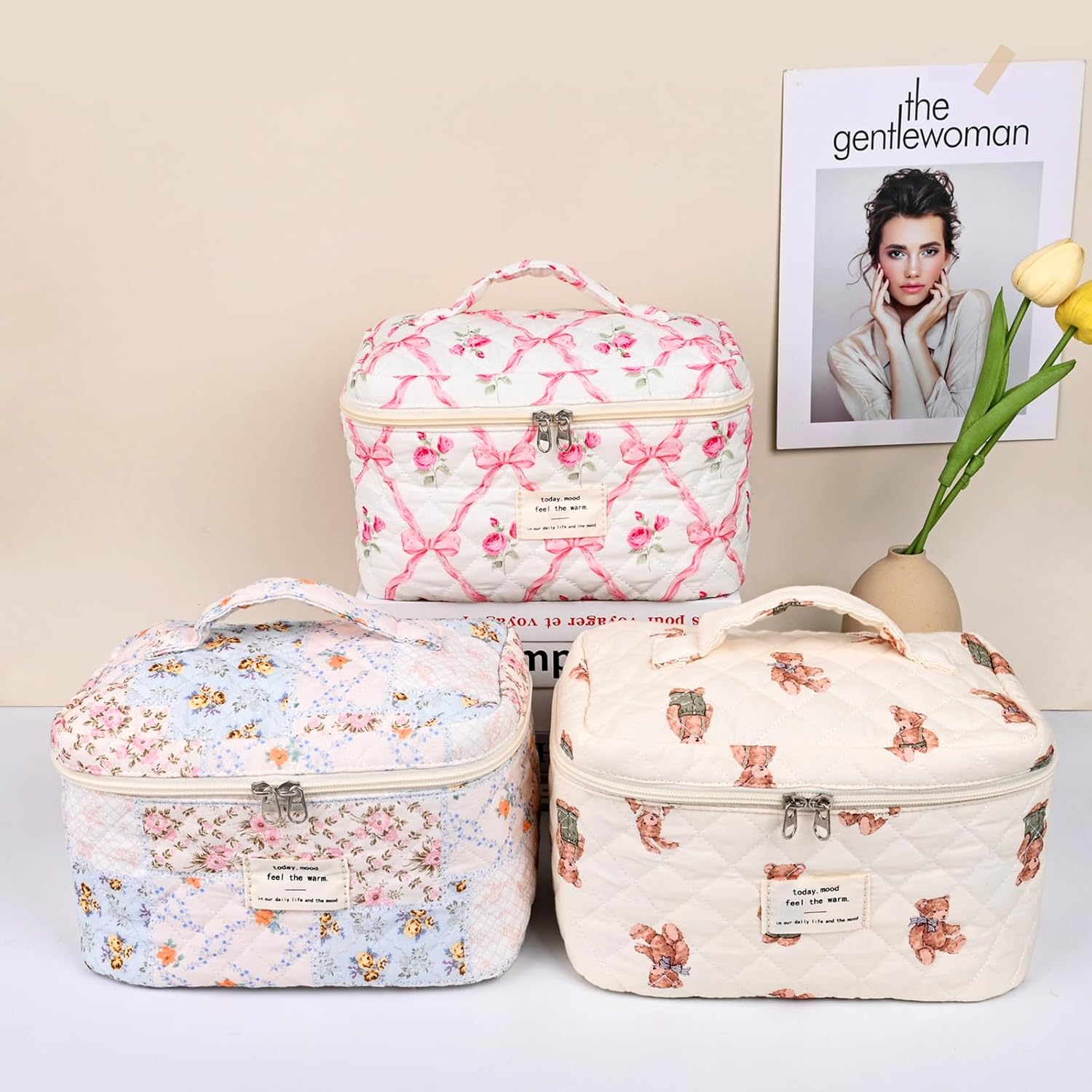 3PCS Quilted Makeup Bag Set, Cosmetic Pouch for Women, Travel Toiletry Bags with Zipper Closure, Coquette Floral Make up Organizers - Image 5