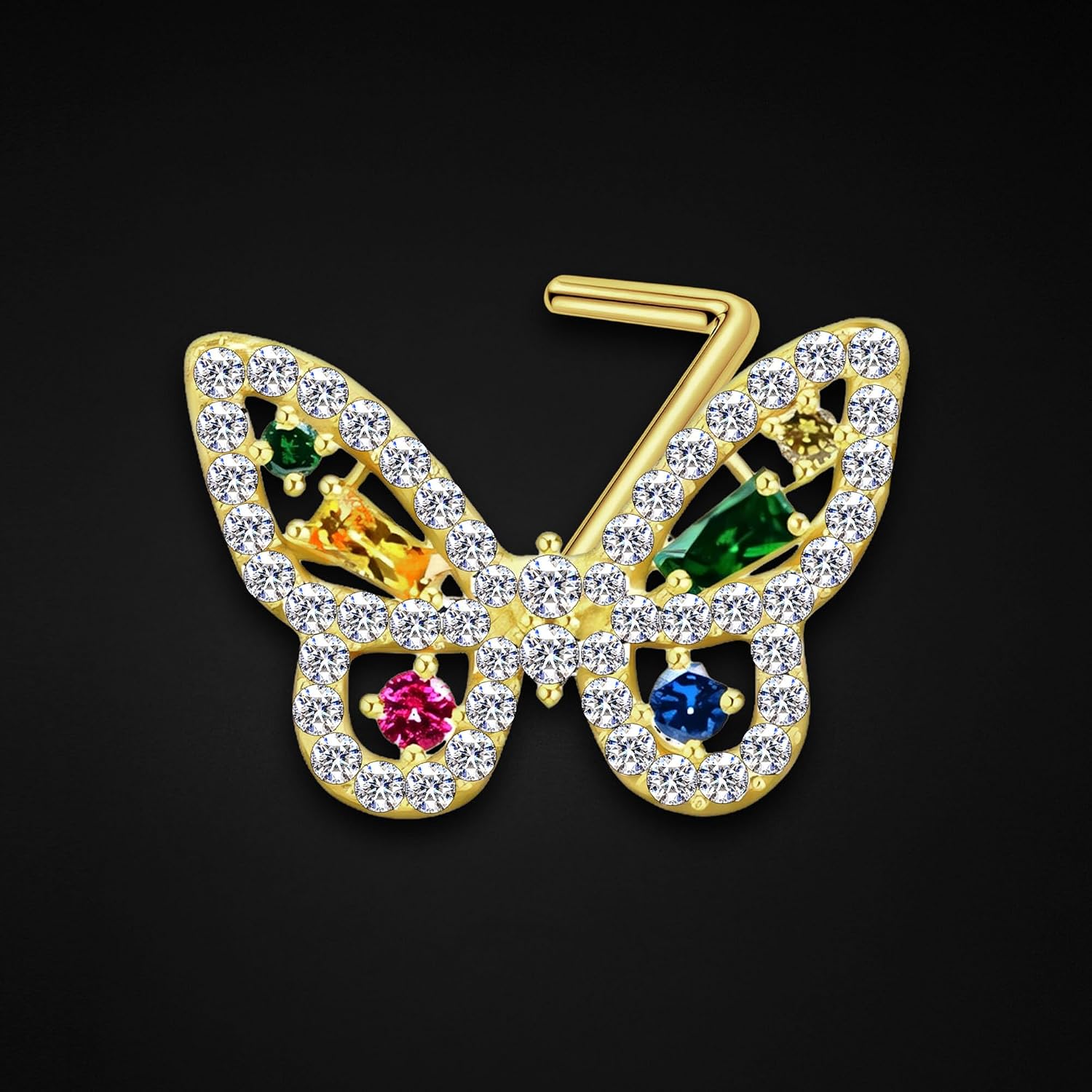 Gold Plated L-Shaped Nose Ring Stud in Butterfly Style with Zirconia, Delicate CZ Butterfly Nostril Hugger with L-Post Stud Ring Jewelry