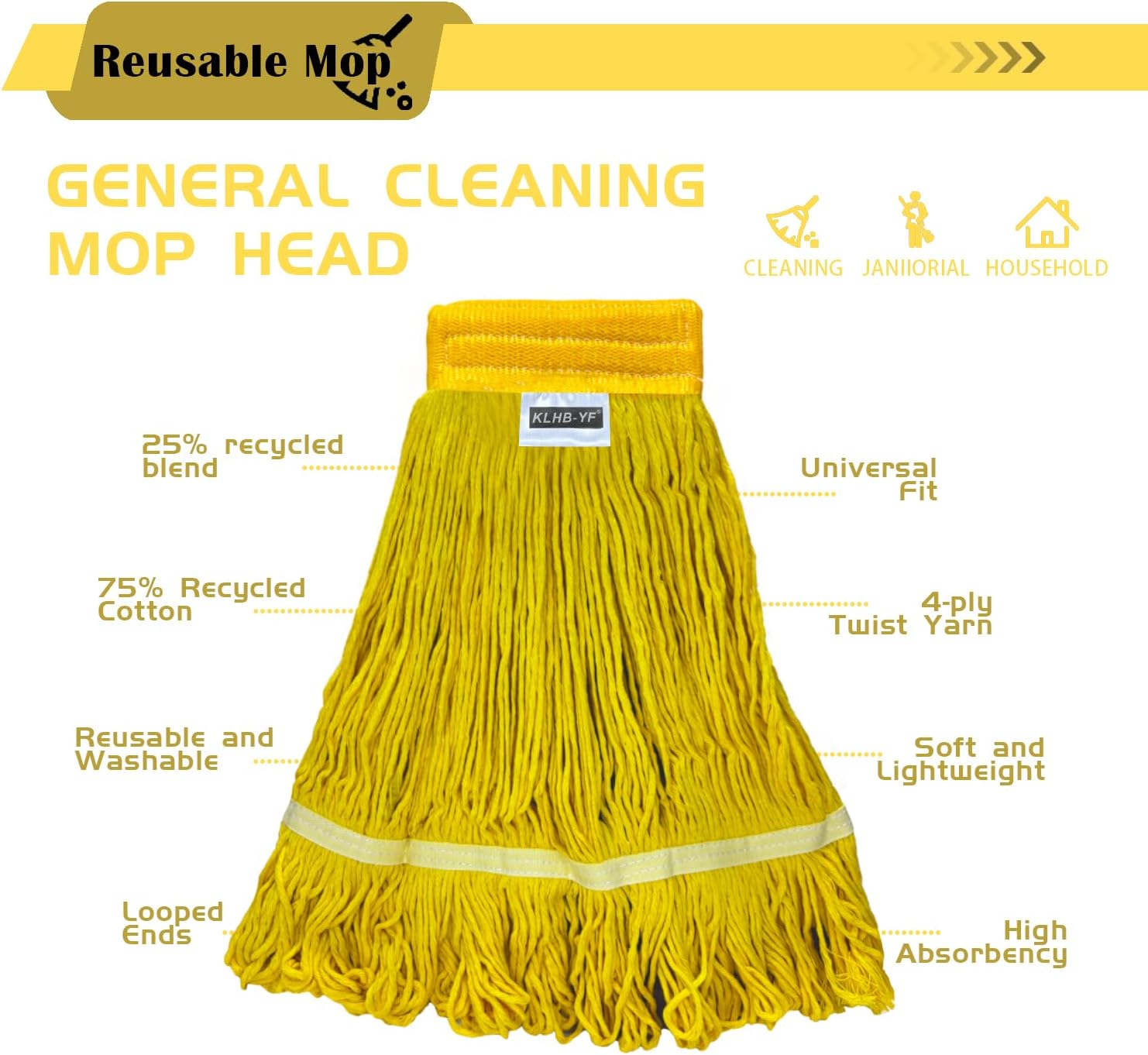 Heavy Duty Wet Industrial Cleaning Mop Head – 21 oz Yellow mop Head Replacement Cotton Washable Industrial mop Heads Heavy Duty for Commercial & Home Cleaning（Yellow）