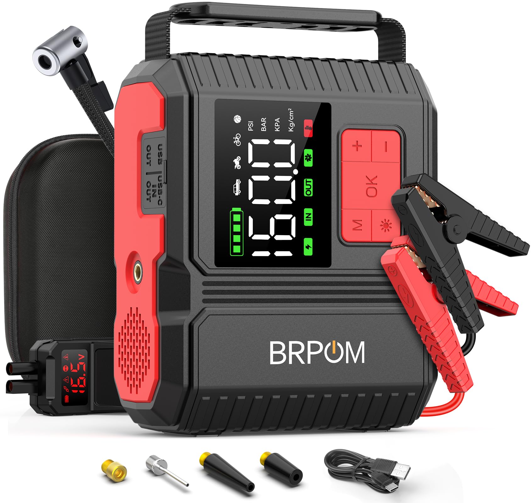 BRPOM Booster Battery 3000 A 24000 mAh 150 PSI Car Tyre Inflator 12 V Portable Car Jump Starter for Vehicles (Gas or 8 L Diesel) with LED Light, LCD Display, 12 Months Standby Time (BM600)