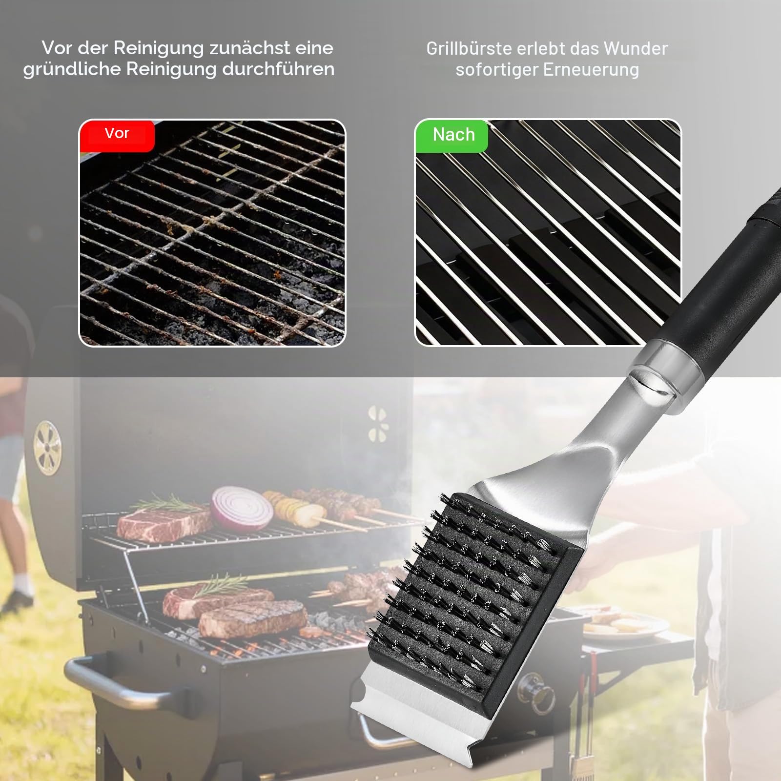 Grillbürste,GQC Grill Reinigungsbürste mit Extra Langer Edelstahl Borsten (Grillbürste mit austauschbaren Bürstenköpfen)