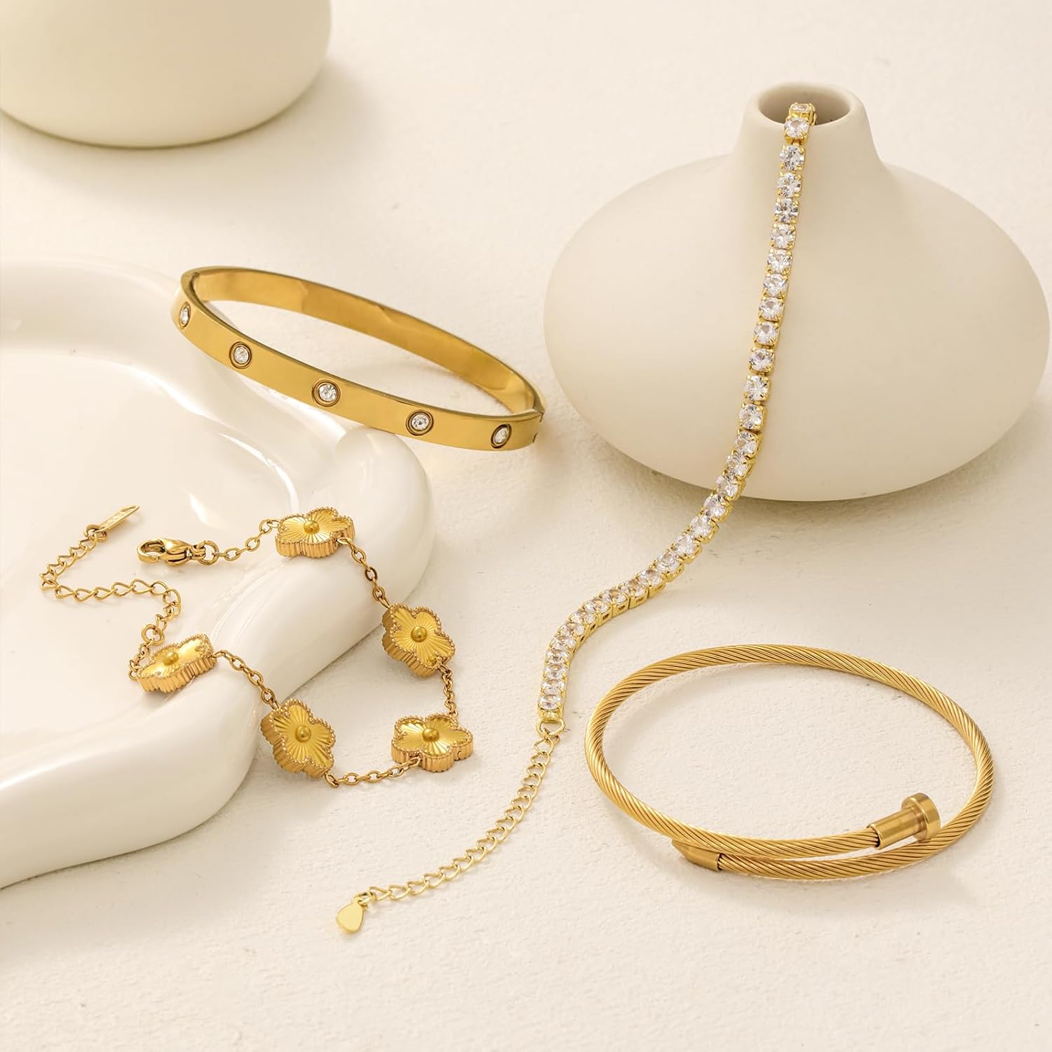 18K Gold Plated Womens Stackable Floral Bracelets Set,Twisted Cable Bangle,Trendy Jewelry,Waterproof adjustable bracelet,Christmas Birthday Gifts for Girlfriend or Mother. - Image 5