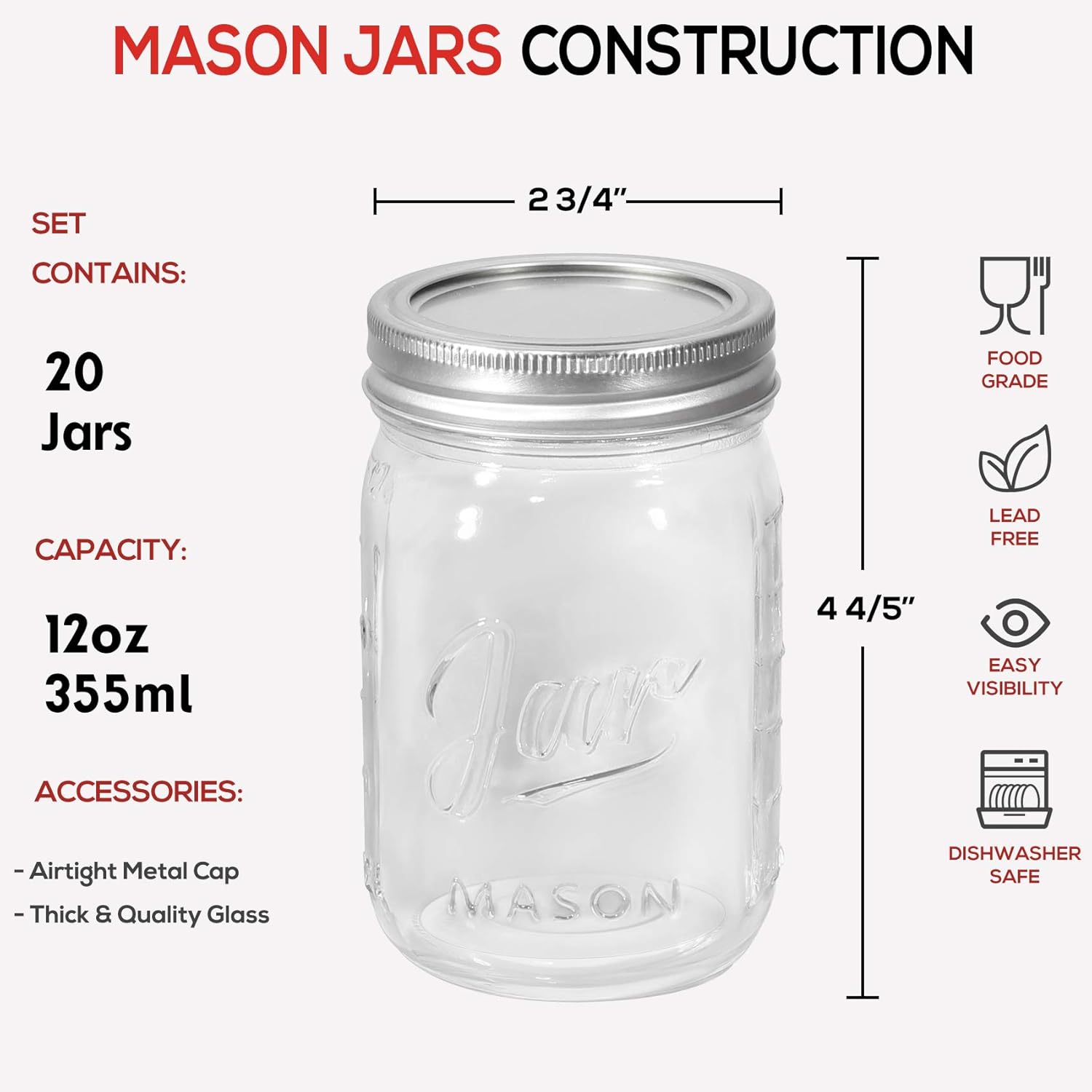 Aozita 20 PACK Glass Mason Jars 12 oz, Regular Mouth Canning Jars with Metal Airtight Lids, Leak-Proof Colored Lids, Chalkboard Labels, Marker, for Meal Prep, Food Storage, Canning, Preserving: Home & Kitchen