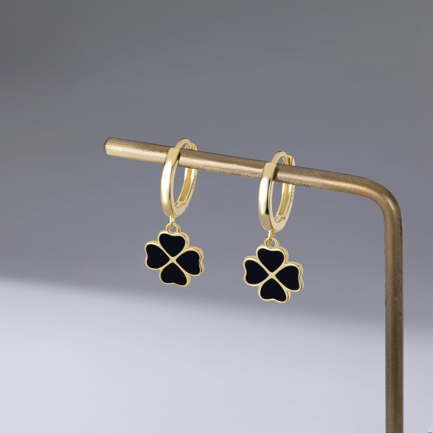 Reffeer Solid 925 Sterling Silver Clover Flower Drop Hoop Earrings for Women Teen Girls Black Flower Hoop Earrings Drops for Summer Spring - Image 4