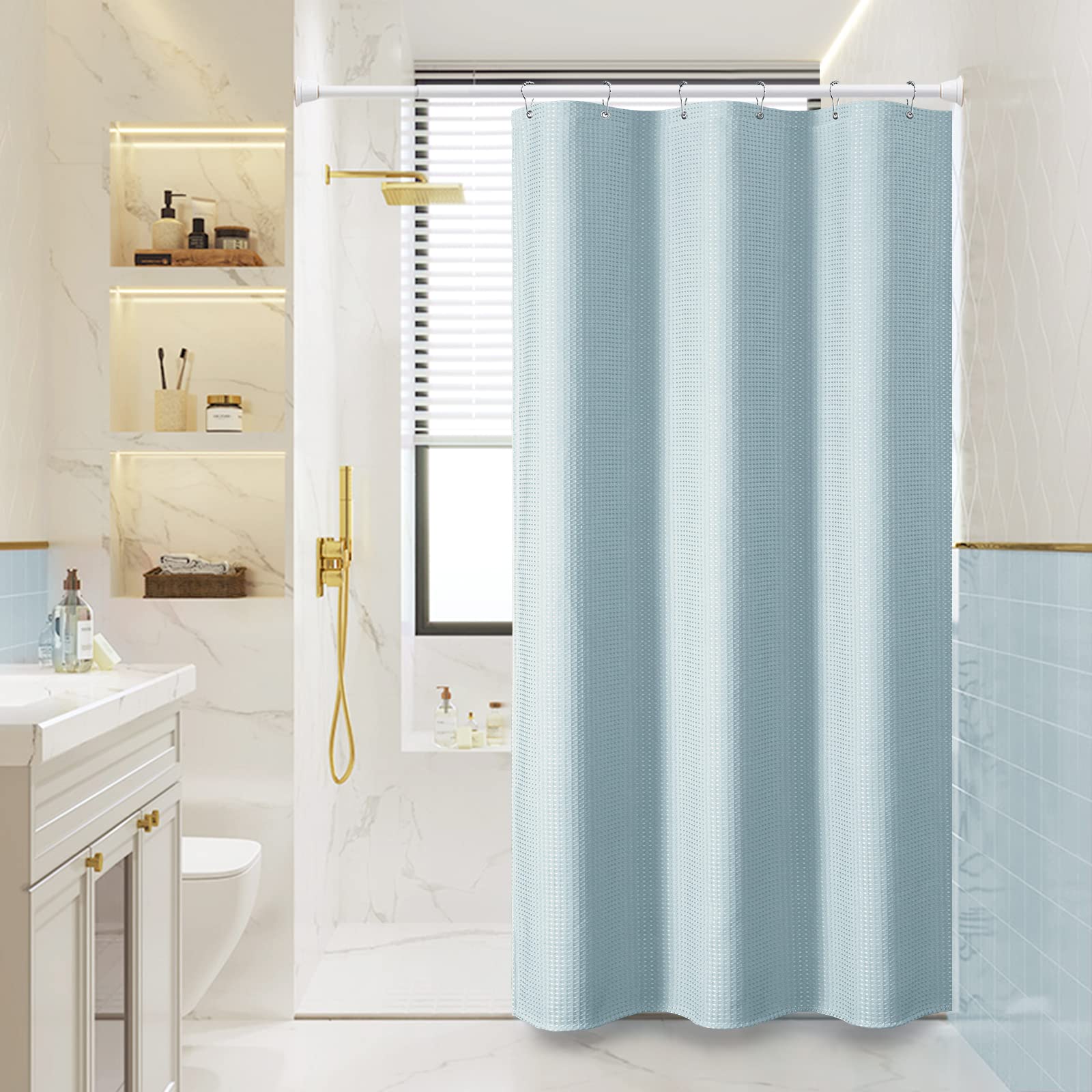 Dynamene Rideau de douche en tissu gaufré très résistant pour salle de bain, hôtel et spa - 91,4 x 183 cm - Avec 6 crochets en plastique - Bleu brouillard