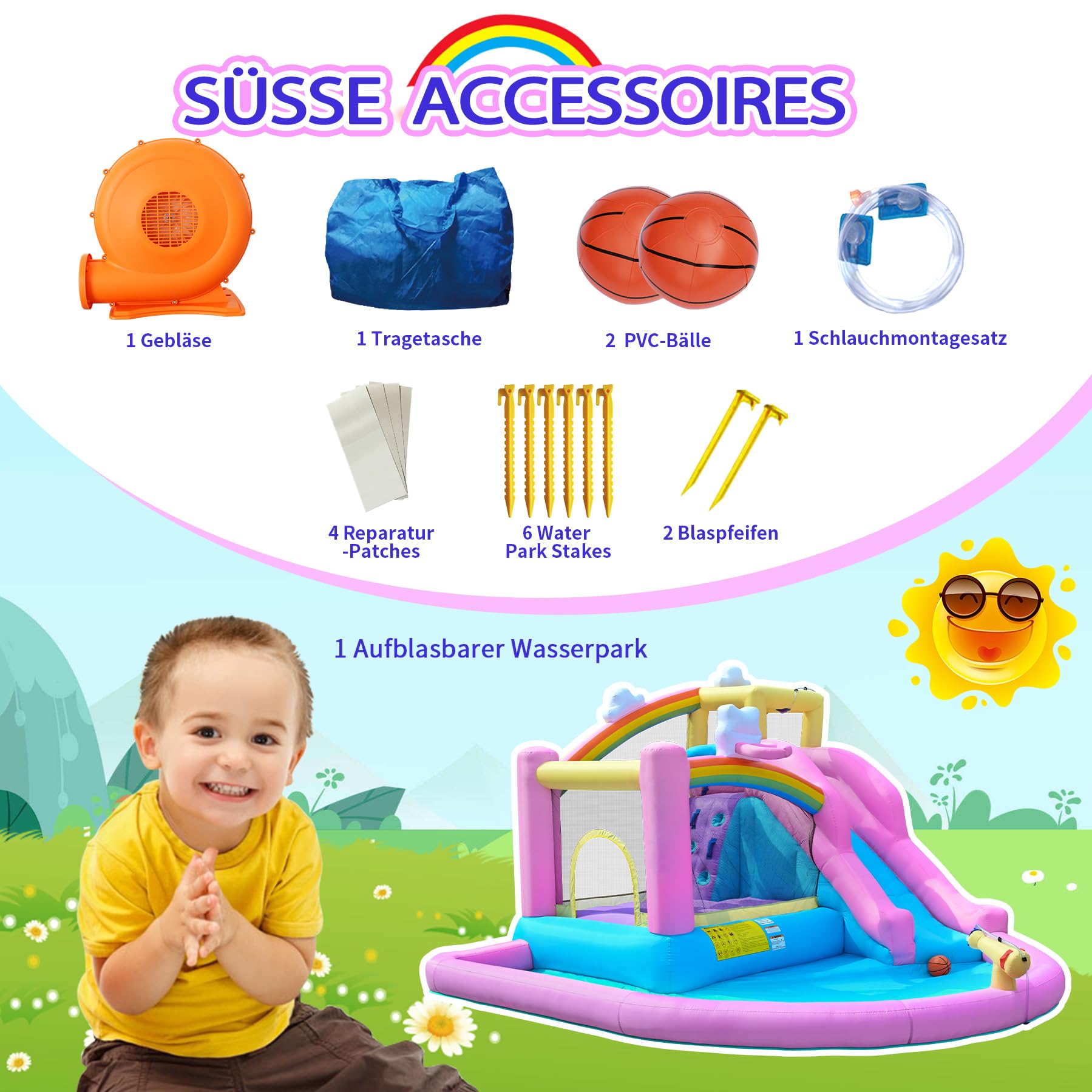 Castillo hinchable hinchable con tobogán de agua, pared de escalada, canasta de baloncesto y piscina infantil, incluye soplador, exterior para niños, ideal para jardín, 365 x 390 x 238 cm