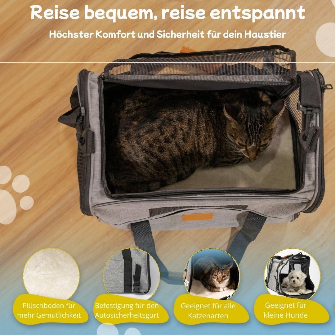 Katzen Transportboxen - Transportbox Katze und Kleine Hunde mit faltbarem Napf, Decke, Schultergurt, gepolsterter Bodenplatte - hundetransportbox Auto Faltbar und für das Flugzeug zugelassen