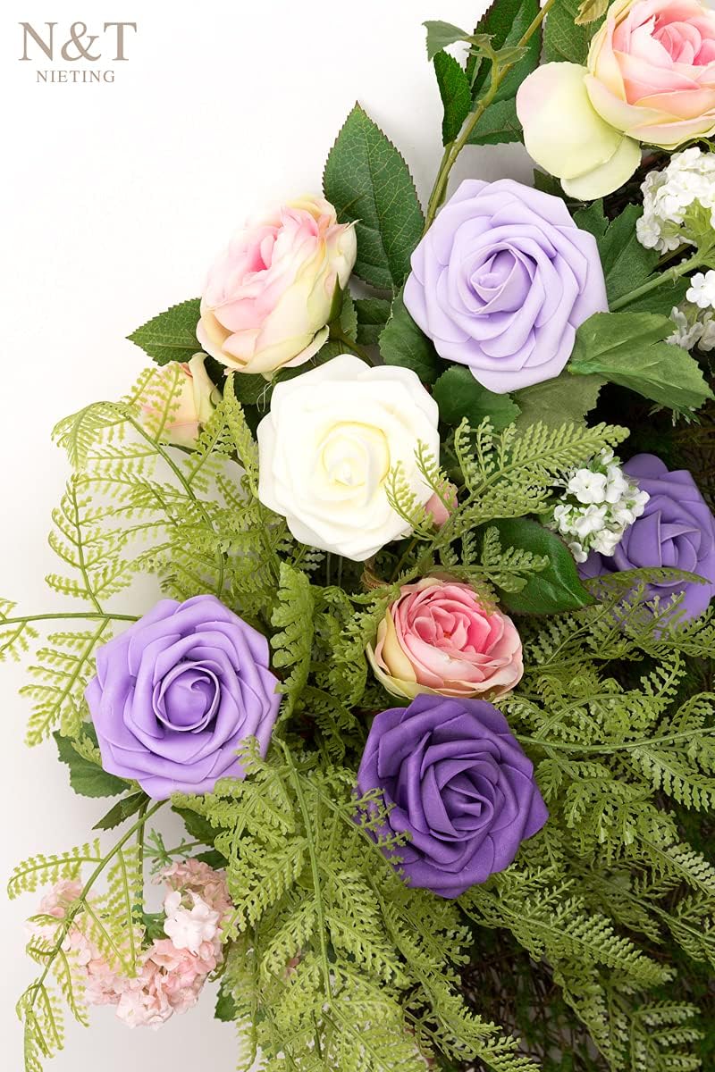 N&T NIETING Artificial Flowers 50Pcs Fake Foam Rose Purple Flowers with Stems Lavender for DIY Wedding Bridesmaid Bridal Bouquets Centerpieces Party Home Decoration(Series Purple) - Image 6