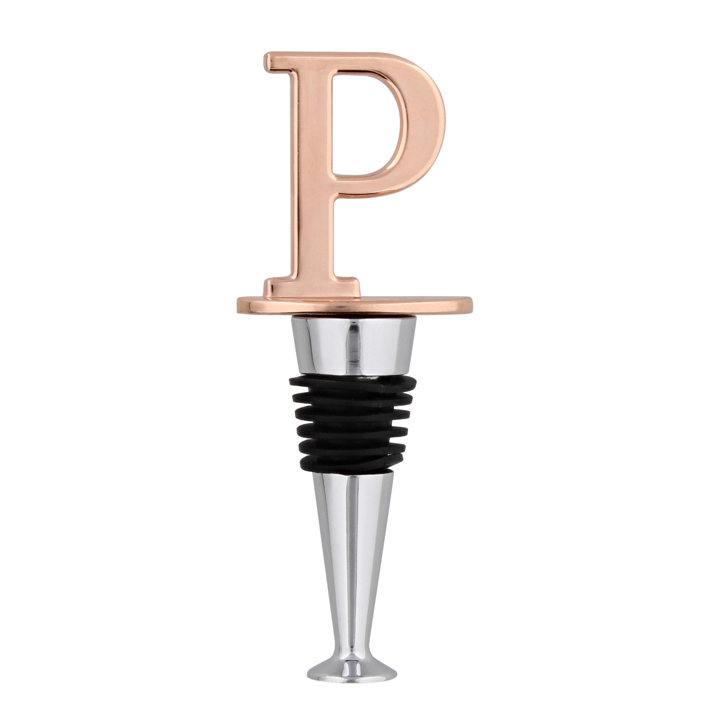 Tapón de vino para botella de vino con letra monogramada "P" en oro rosa, tapón sellador reutilizable de corcho de vino, 1 paquete