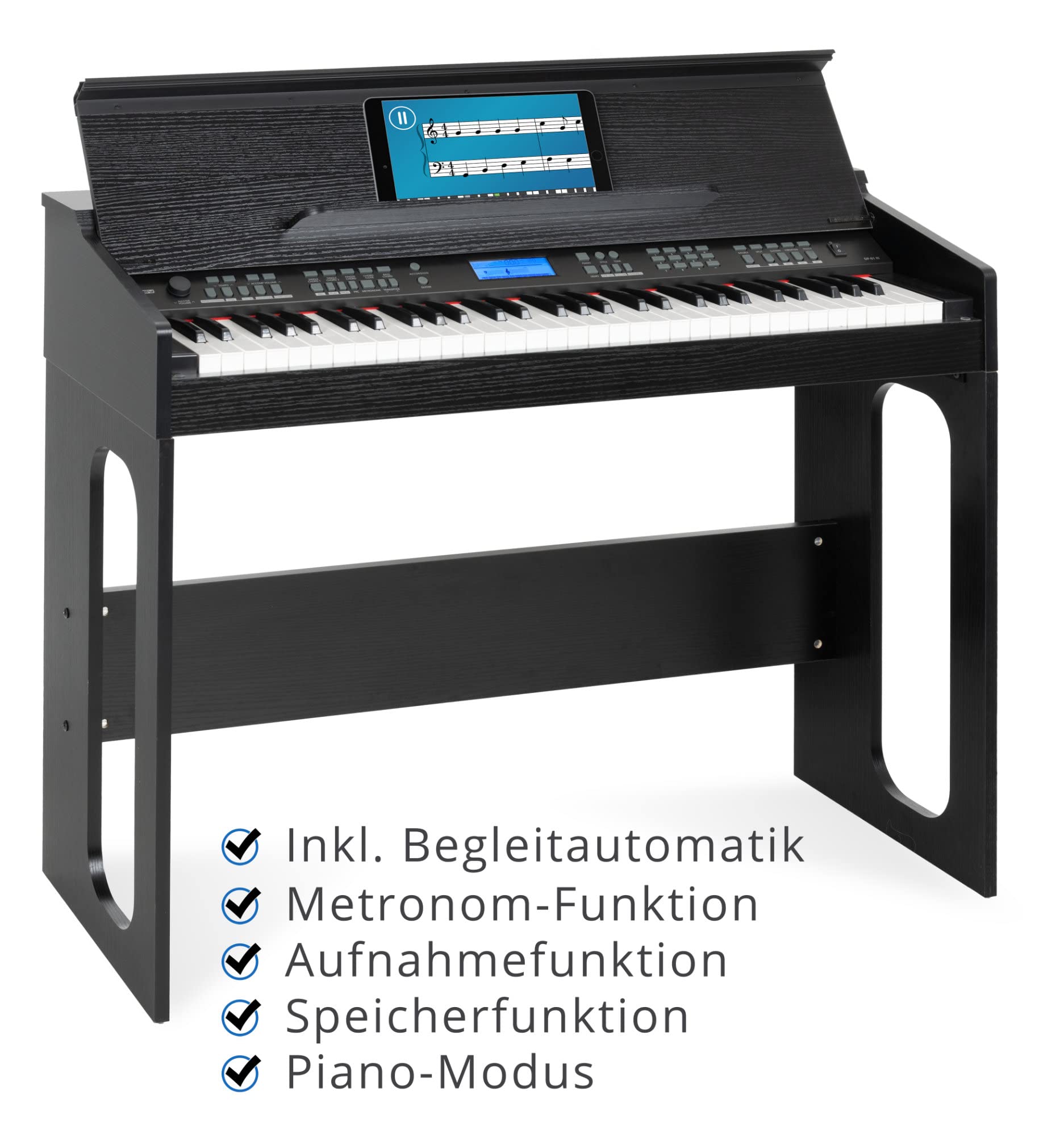 FunKey DP-61 III Keyboard im Digitalpiano-Design - 61 Keyboard Tasten - 300 verschiedene Sounds - 300 Rhythmen - Begleitautomatik - Set inkl. Keyboardbank, Kopfhörer und Schule - Schwarz