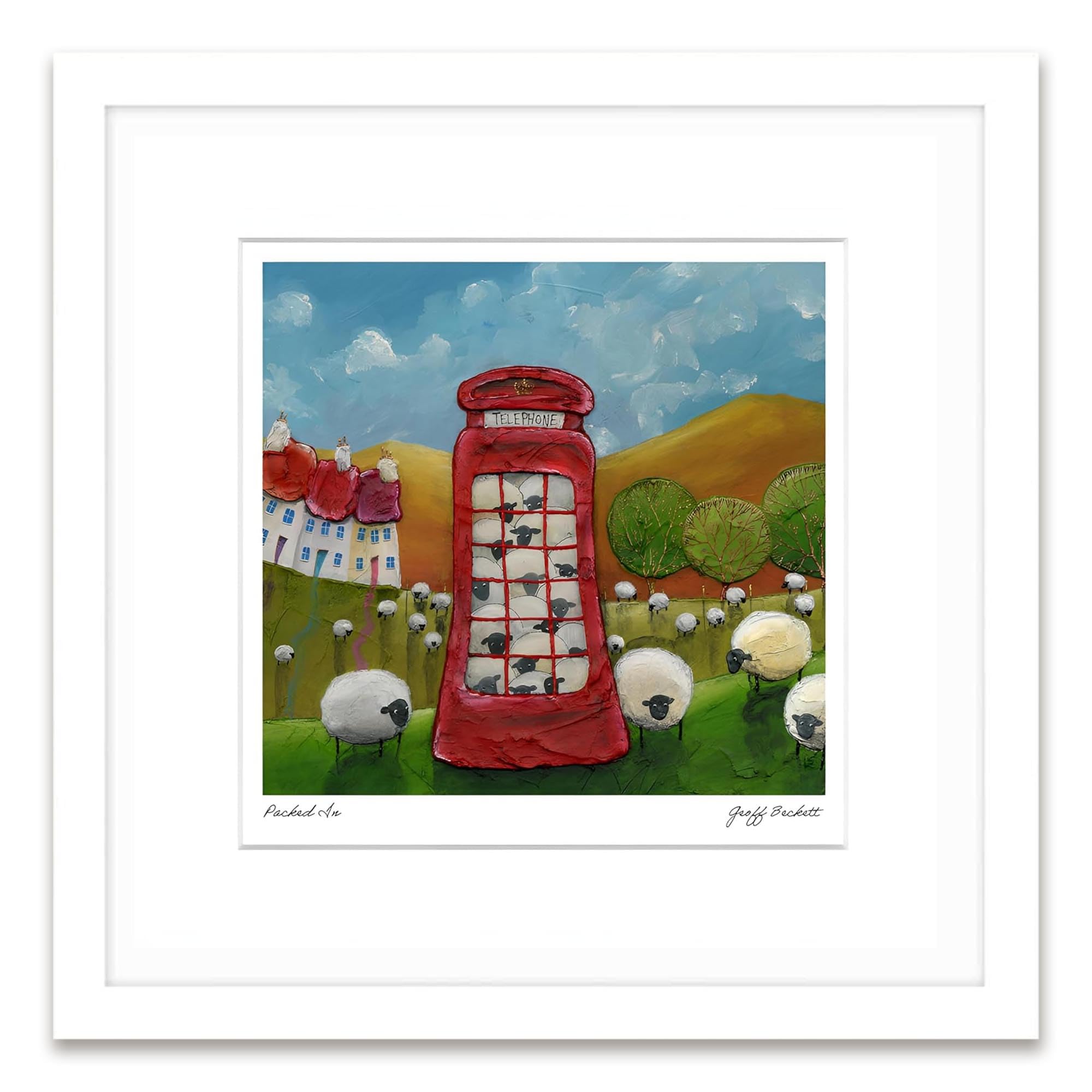 Artko Sheep & Telephone Box Framed Wall Art - 'Packed In' by Geoff Beckett - Quirky British Countryside Picture - Ready to Hang Animal Home Décor - 33.5cm x 33.5cm