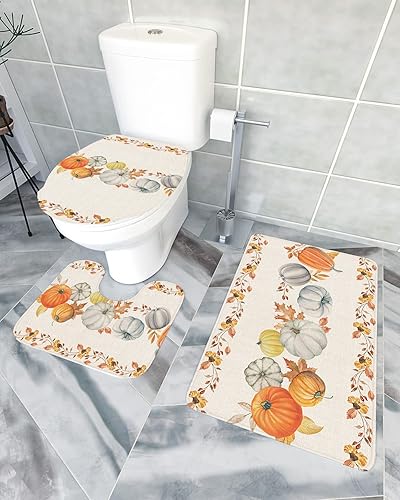 Miniatura 2 de Bathroom Rugs Sets 3 Piece Bath Mat,Pumpkins Thanksgiving Autumn Orange Leaves Soft Non-Slip Bath Rug Set,Absorbent Shower Rugs Toilet Seat Cover
