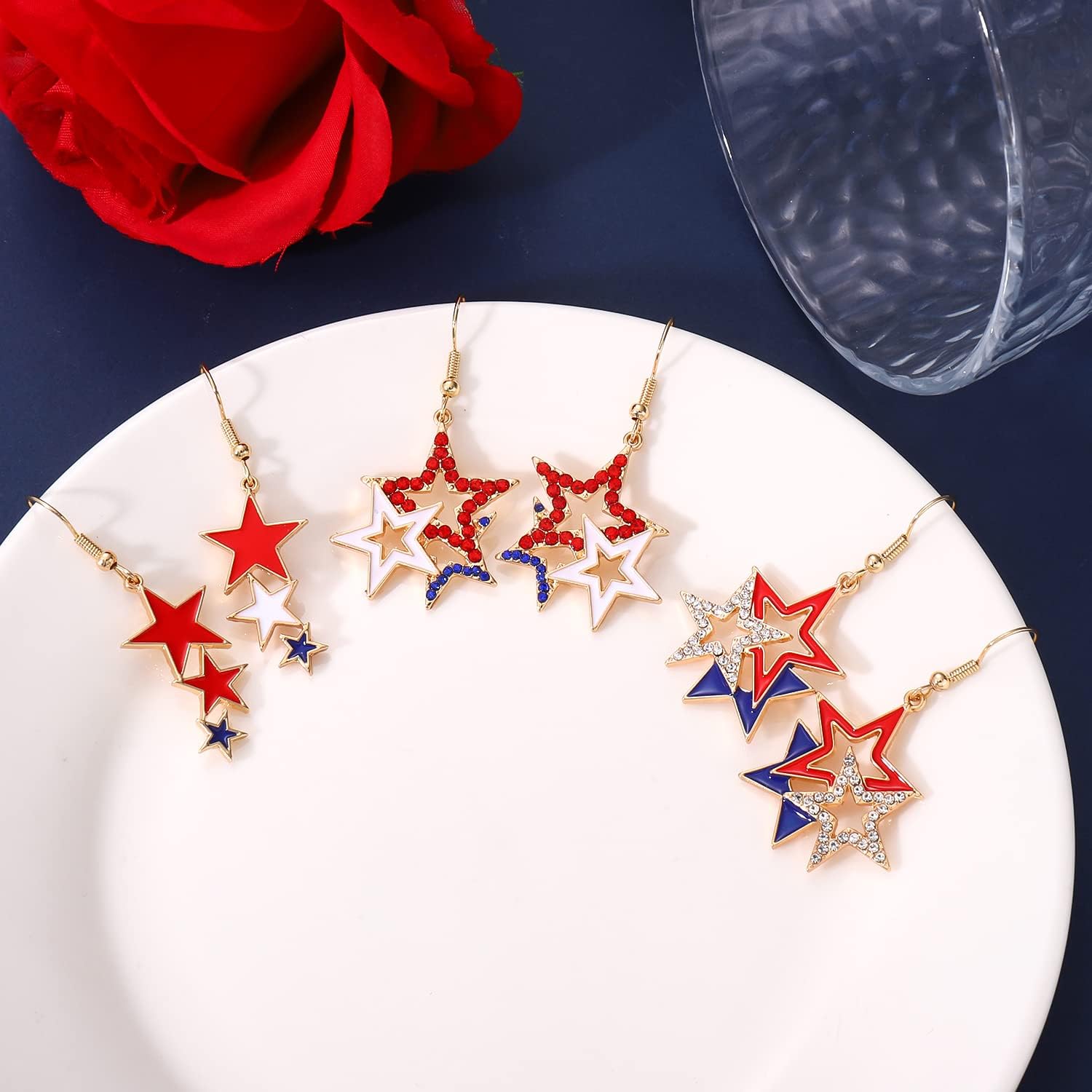 8-12 Pairs American Flag Dangle Earrings for WomenSparkly Crystal Star USA Earrings, Memorial Day Patriotic Star Earrings 4th of July Independence Day Earrings