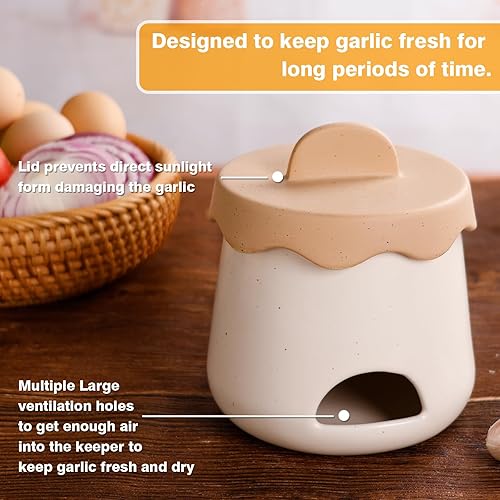 Miniatura 2 de BosilunLife Contenedor de almacenamiento de ajo  Contenedor de cerámica para ajo con tapa, contenedor de almacenamiento de ajo para mostrador de ajo