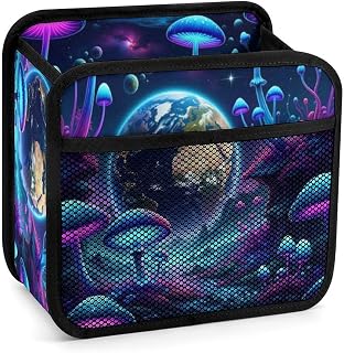 Headrest Backseat Storage Bag for Car Hanging Back Seat Organizer, Trippy | Mushroom Magic World Glowing Art, Vehicle Trash Bag with Adjustable Buckle Auto Accessories Universal Fit