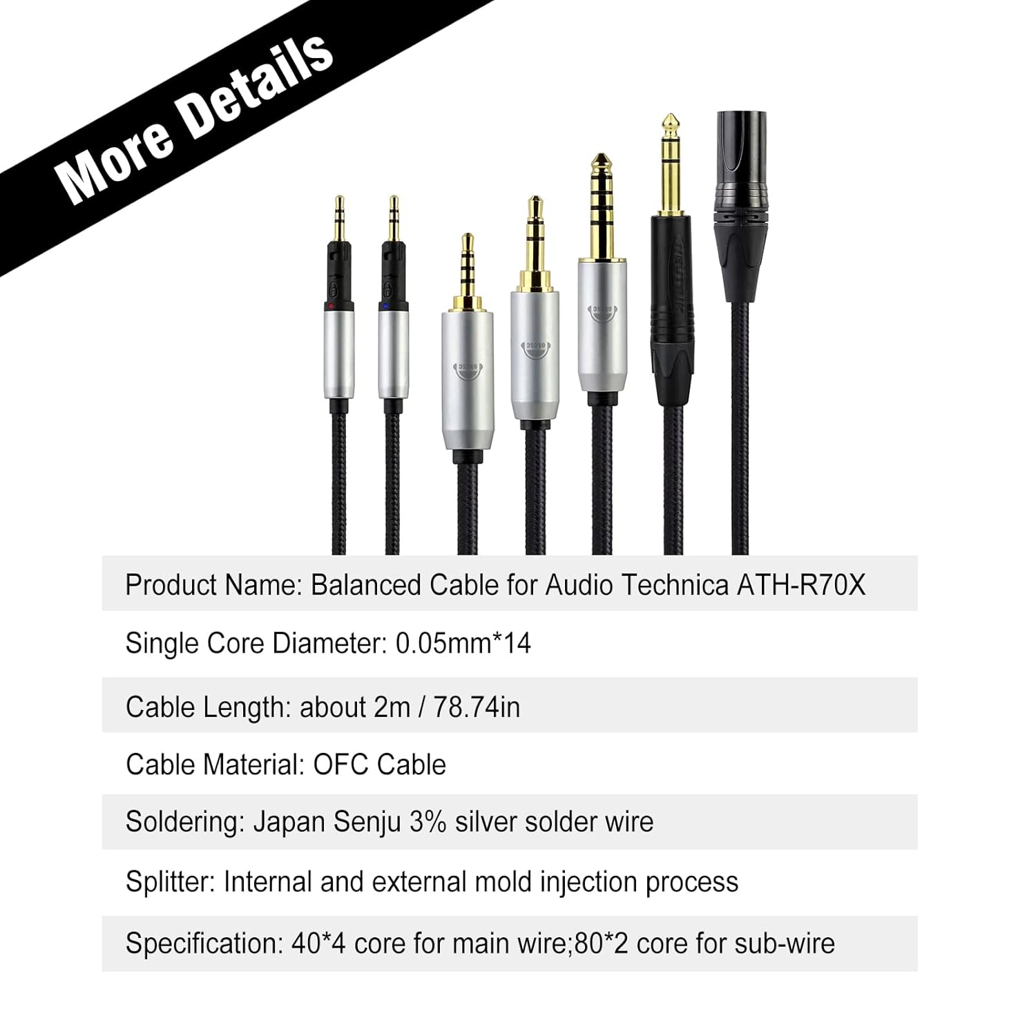 okcsc Replacement Cable for Audio-Technica ATH-R70X R70XA Headphone Cable 4 Core Braid OFC Cable 4.4mm Balanced Plug 6.5FT Length