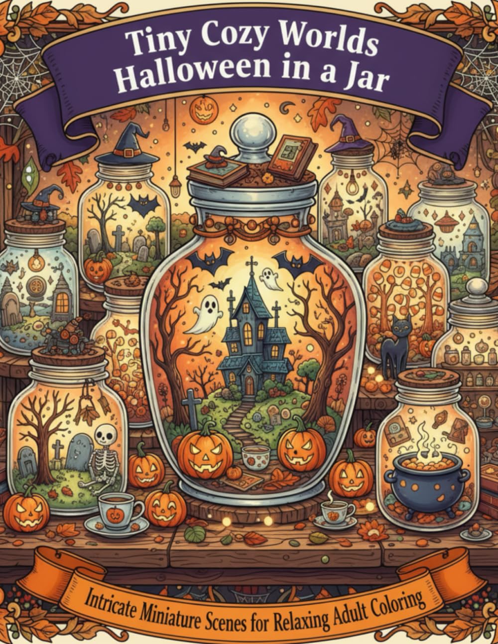Tiny Cozy Worlds: Halloween in a Jar: Intricate Miniature Scenes for Relaxing Adult Coloring