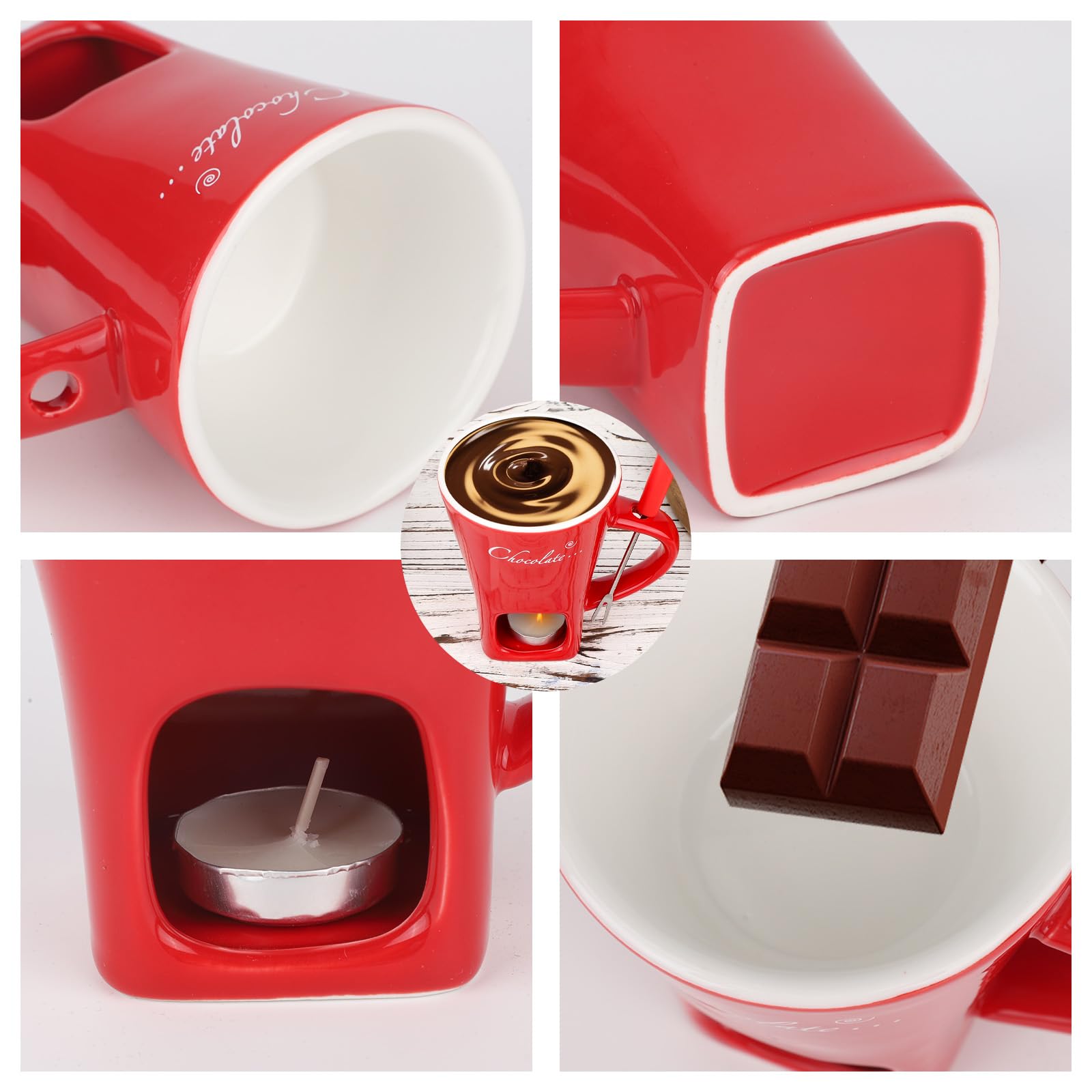 Juego Tazas para Fondue de Chocolate, Cerámica Mini Olla Fondue con Tenedor y Calentador de Velas Taza para Derretir Chocolate Ideal Postres Citas San Valentín Cumpleaños y Bodas (Rojo)