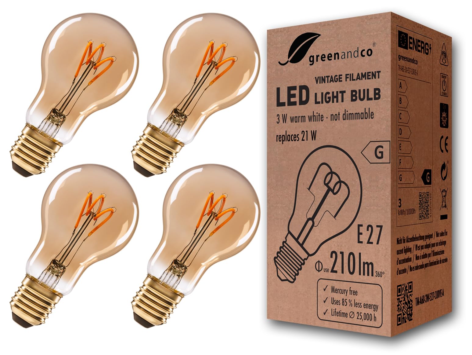 greenandco 4x Bombilla de filamento LED Vintage E27 3W (corresponde a 21W) 210lm 2000K (blanco cálido) 360° 230V vidrio, sin parpadeo, no regulable