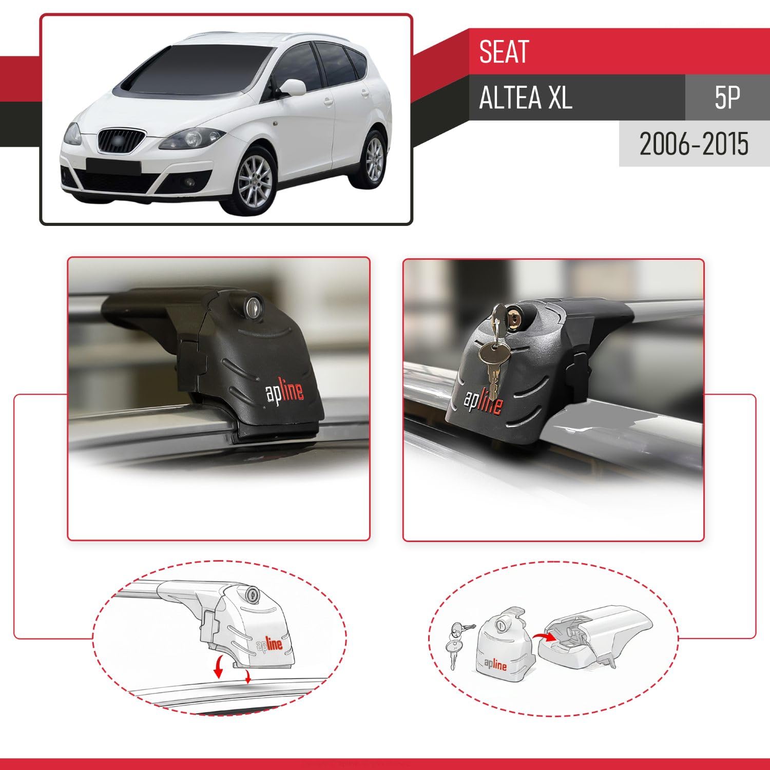Compatible con Seat Altea XL (5P) 2006-2015 Modelo Ace-2 Barra de Techo Auto Portaequipajes Barras Transversales Gris Aluminio 2 Barras
