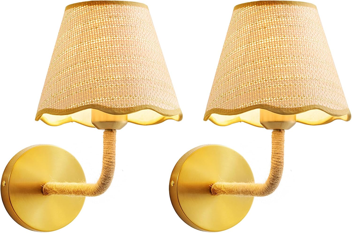 Boho Set of Two Hand Woven Ratten Wall Sconce, Hardwired Wall Sconces with Grass-Woven Lampshade for Bedroom Living Room Hallway Porch, E26 Base
