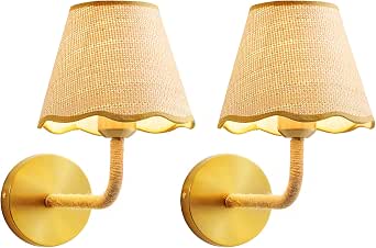 Boho Set of Two Hand Woven Rattan Wall Sconces with Grass-Woven Lampshades, Hardwired, E26 Base