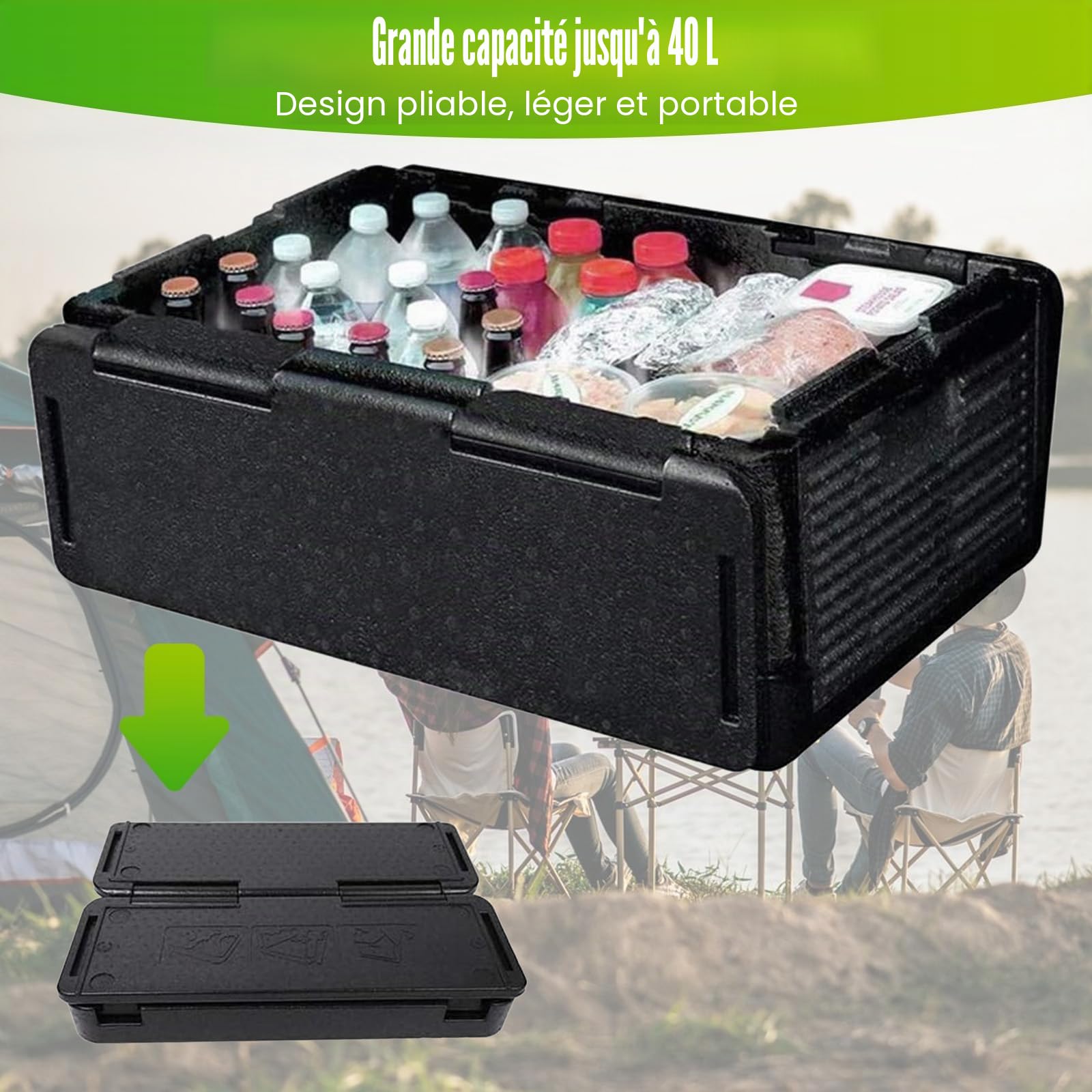 Boîte Isotherme Pliable, Boite Thermique avec Couvercle Intégré, Multifonction Glaciere Isotherme pour Camping, Pique-niques, Transport des Aliments