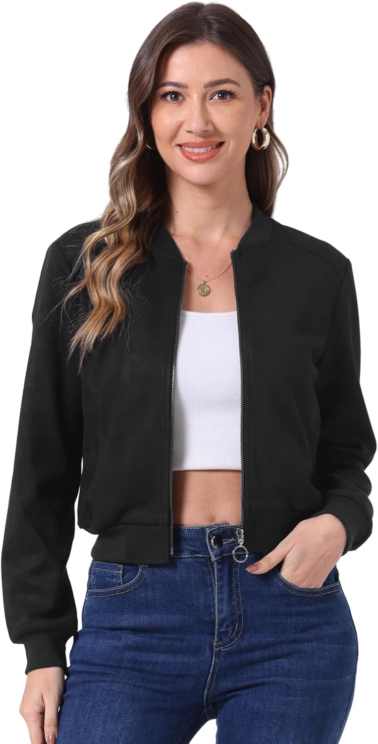 Allegra K Faux Suede Cropped Coat for Women's Stand Collar Zip Up Biker Moto Bomber Jackets