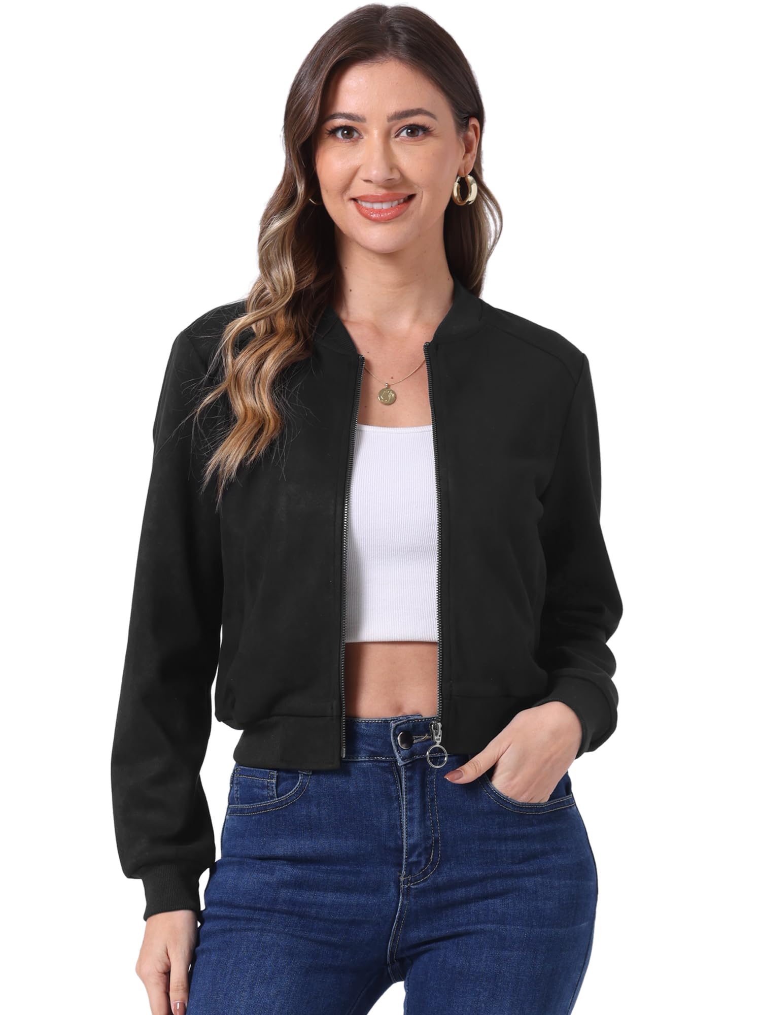 Allegra K Faux Suede Jacket for Women's Stand Collar Zip Up Bomber Jackets