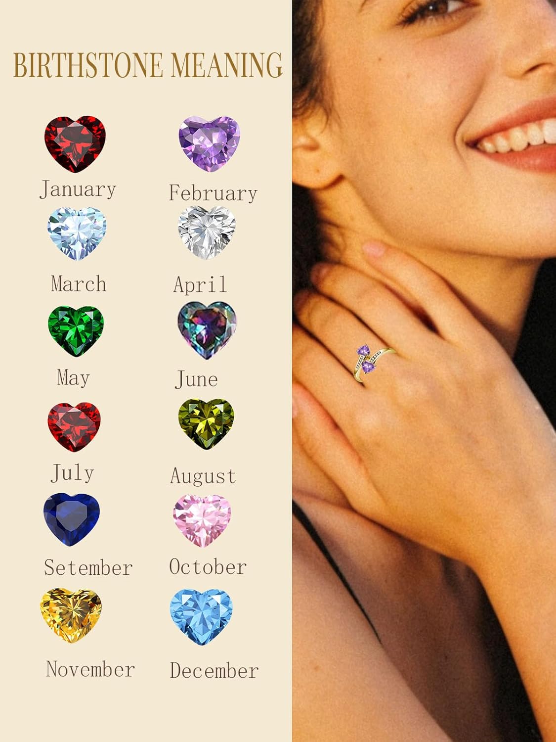 Adjustable Heart Promise Ring, 18K Gold Plated Birthstone Ring for Women Dainty CZ Gemstone Statement Band, Personalized Birthday Jewelry Gift, Adjustable (US Size 5-10) - Image 8