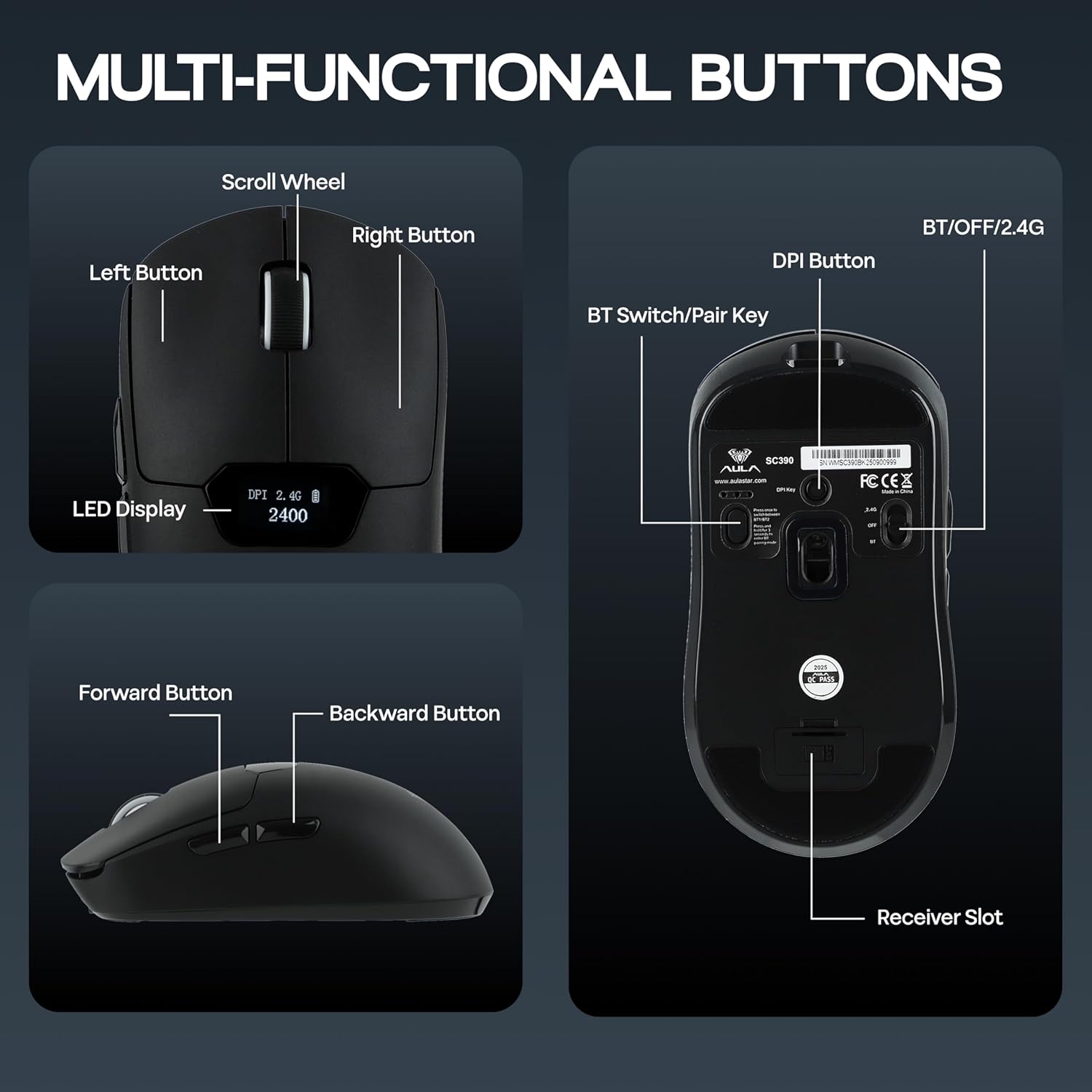 MechLands Aula SC390 Lightweight Gaming Mouse with Display Screen, 2.4G/USB-C/BT Wireless Mouse with 400mAh Battery, Adjustable 20,000 DPI & 1000 Polling Rate, PAW3311 Sensor, for Win/Mac (Black)