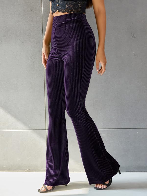 Floerns Women's Velvet Elastic Waist Flare Leg Palazzo Long Pants Trousers Purple L by Floerns - Used condition - Image 4
