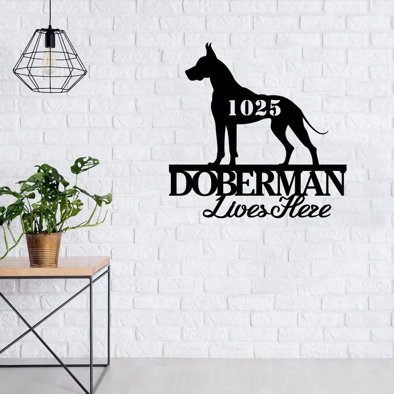 Funlucy Doberman Lives Here Sign Custom Address Numbers Metal Sign Pet Lover Metal Wall Art Dog House Accessories Custom Dog Wall Plaque Sign Decoration for Living Room Bedroom Dog Gift 14in