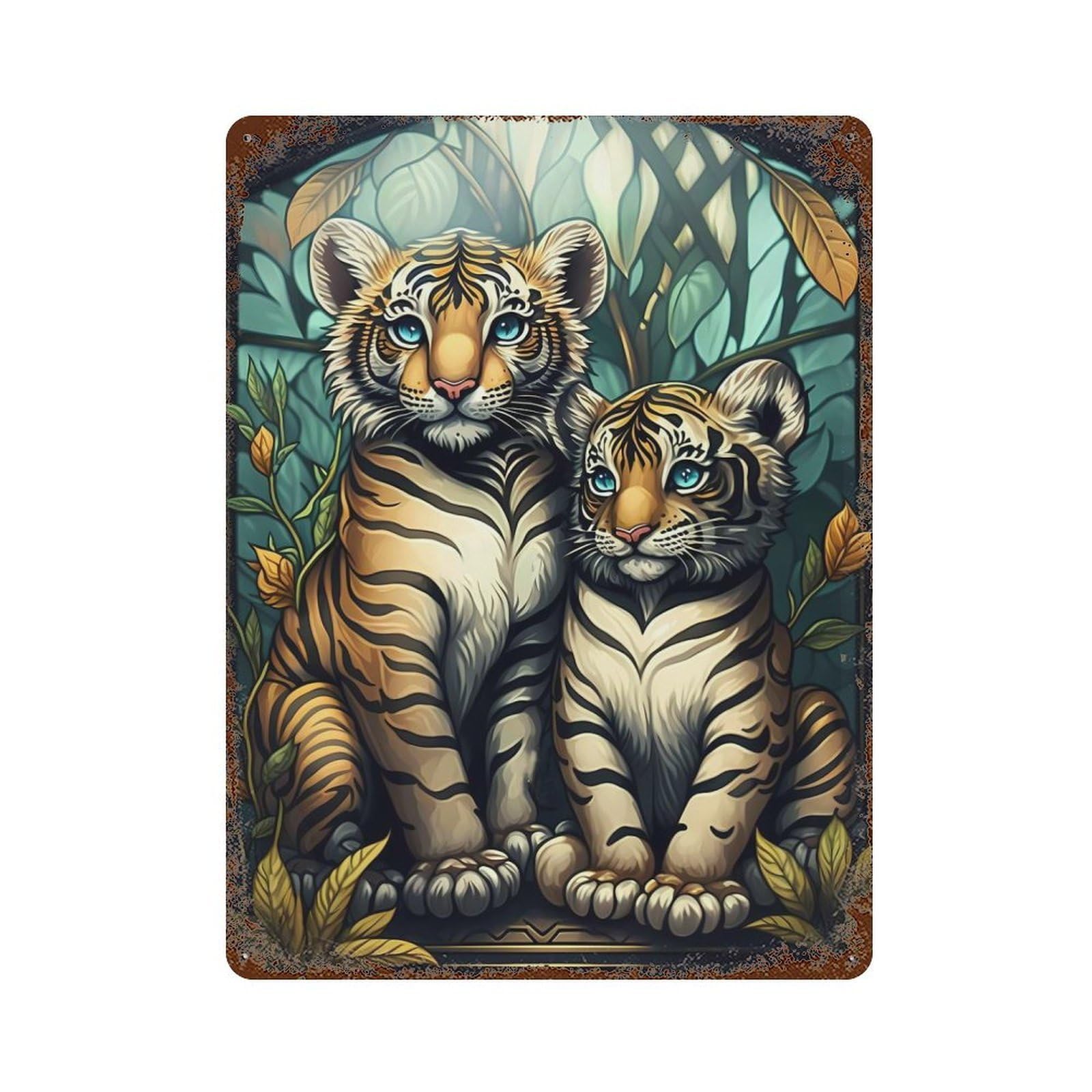 Enchanted Forest Tiger 15.7"x11.8" Rust Effect Tin Sign, Rustic Home Decor for Office, Studio And Wall Decor