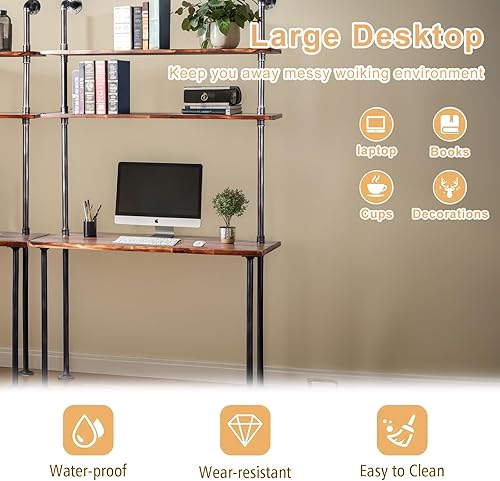 Miniatura 8 de LOKKHAN Escritorio industrial para laptop de 79 pulgadas escritorio de madera maciza para computadora escritorio de tubo de pared con estantes mesa