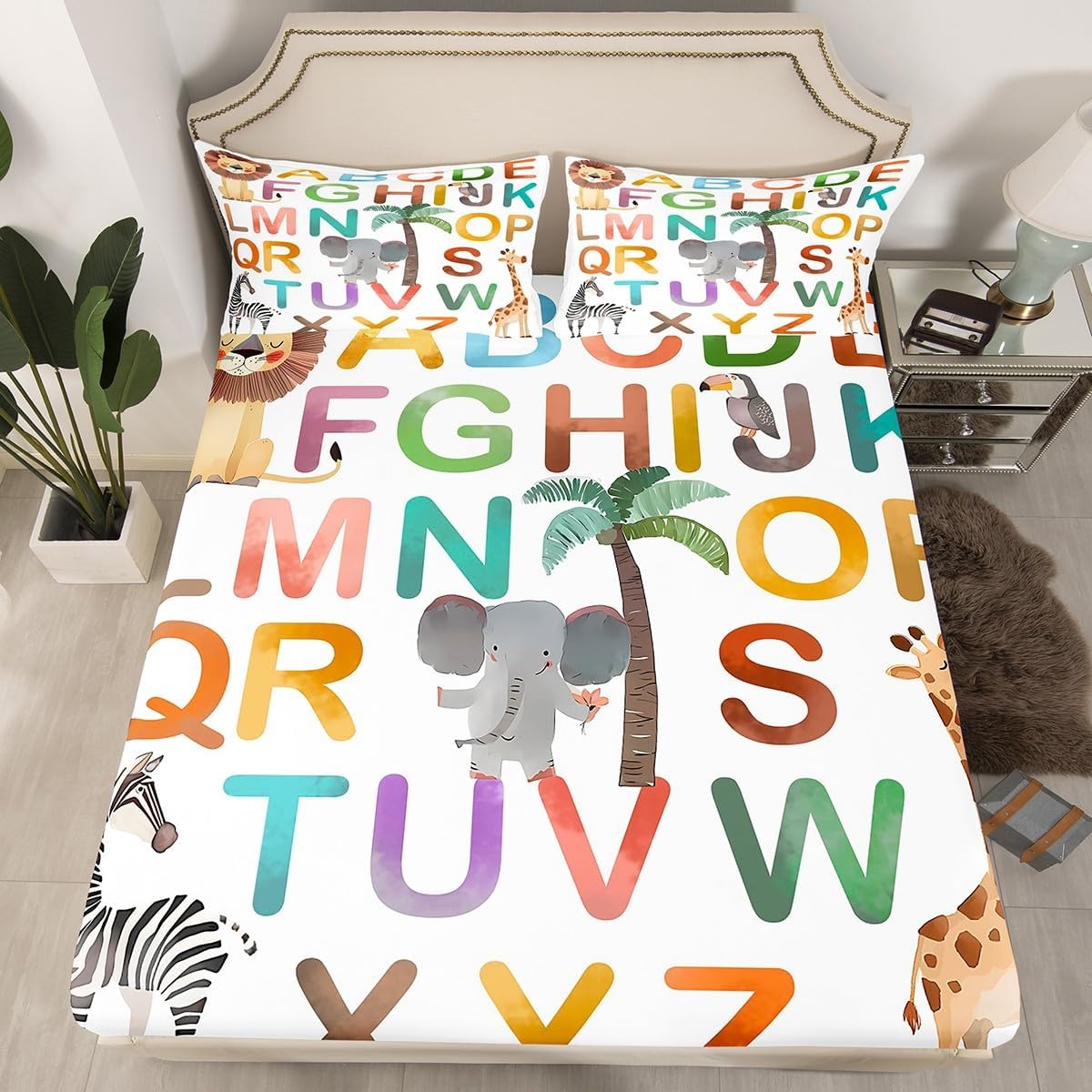 jejeloiu ABC Fitted Sheet with 2 Pillowcases Full Size Animal Alphabet Theme Bed Sheets Set 16" Deep Pocket Boys Girls Cartoon Elephant Zebra Giraffe Bedding (No top Sheet) Soft Microfiber