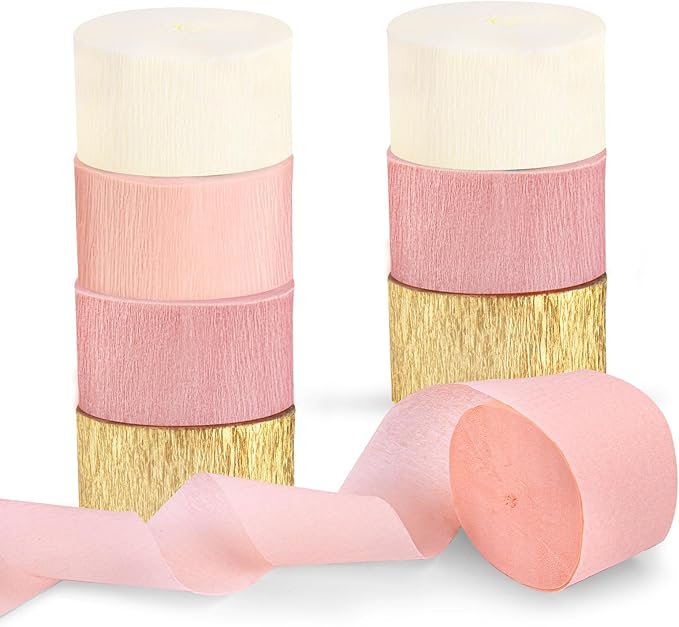 Kit Decoración Fiesta Rosa Dorado 8 Rollos Streamers