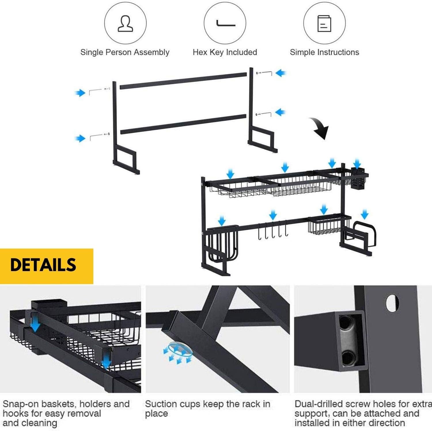 Review Over The Sink Dish Drying Rack with Drying Mat,2 Tier Stainless Steel Kitchen Save Countertop Space Storage Organizer Shelf Dish Dryer with Utensil Cutlery Paper Glass Knife Holder Black(TK19018-2)