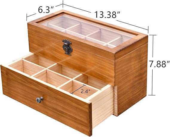WELLAND Wood Tea Bag Organizer, Storage Box with Clear Acrylic Window, 2-layer 14 Compartments Large Capacity Tea Bag Holders, Gift Idea