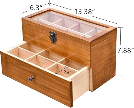 WELLAND Wood Tea Bag Organizer, Storage Box with Clear Acrylic Window, 2-layer 14 Compartments Large Capacity Tea Bag Holders, Gift Idea