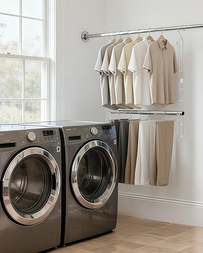 Miniatura 9 de Barra colgante de acero inoxidable para armario, paquete de 2 extensores de barra de armario ajustables en altura y peso, ahorro de espacio, ahorra