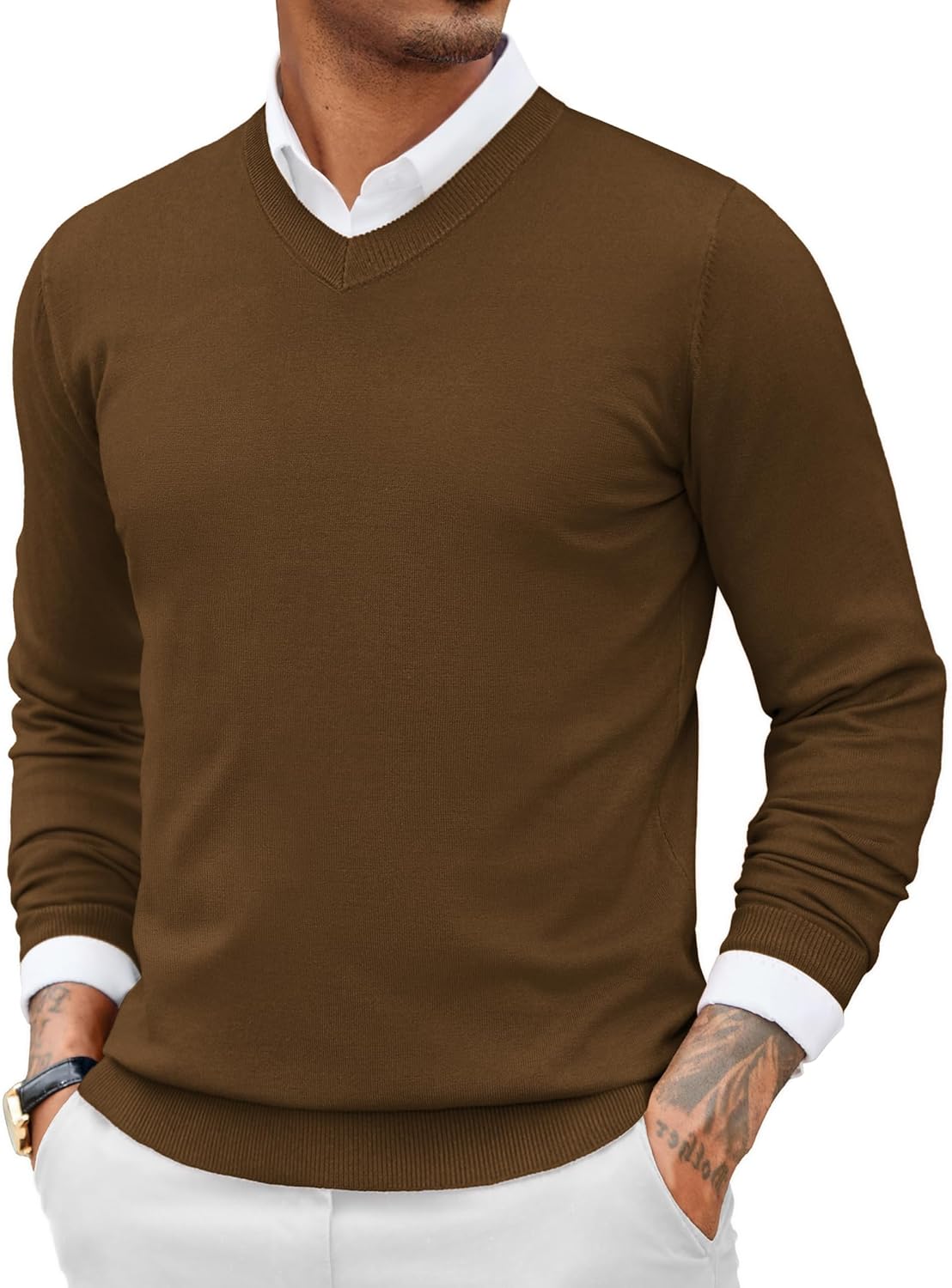 COOFANDY Men Casual V Neck Sweater Ribbed Knit Slim Fit Long Sleeve Pullover Top