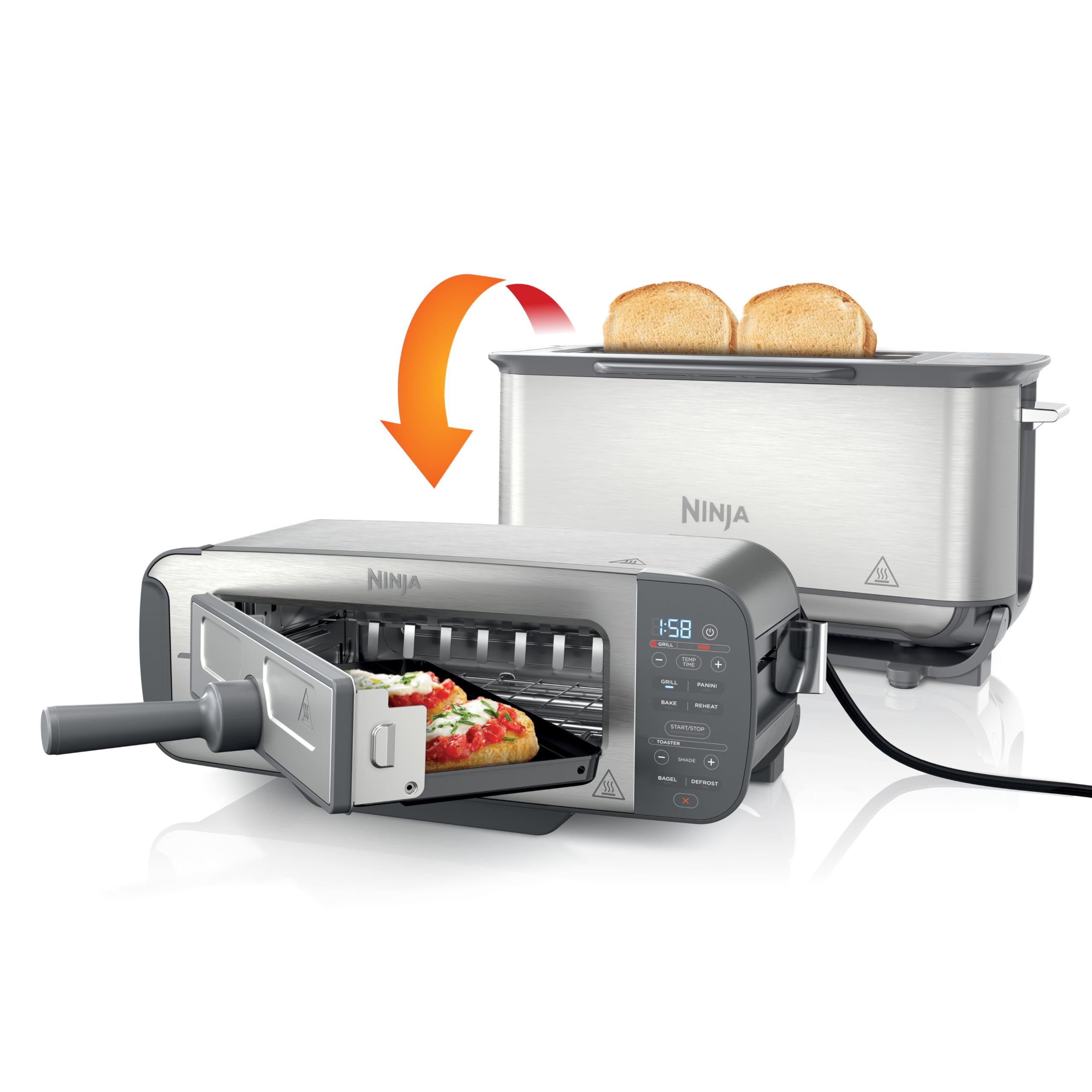 Ninja Foodi 3-in-1 Tostapane, con Griglia e Pressa per Panini, 7 Funzioni di Cottura, 7 Livelli di Tostatura, Include Teglia e Vassoio Raccogli Briciole, Acciaio Inox ST202EU