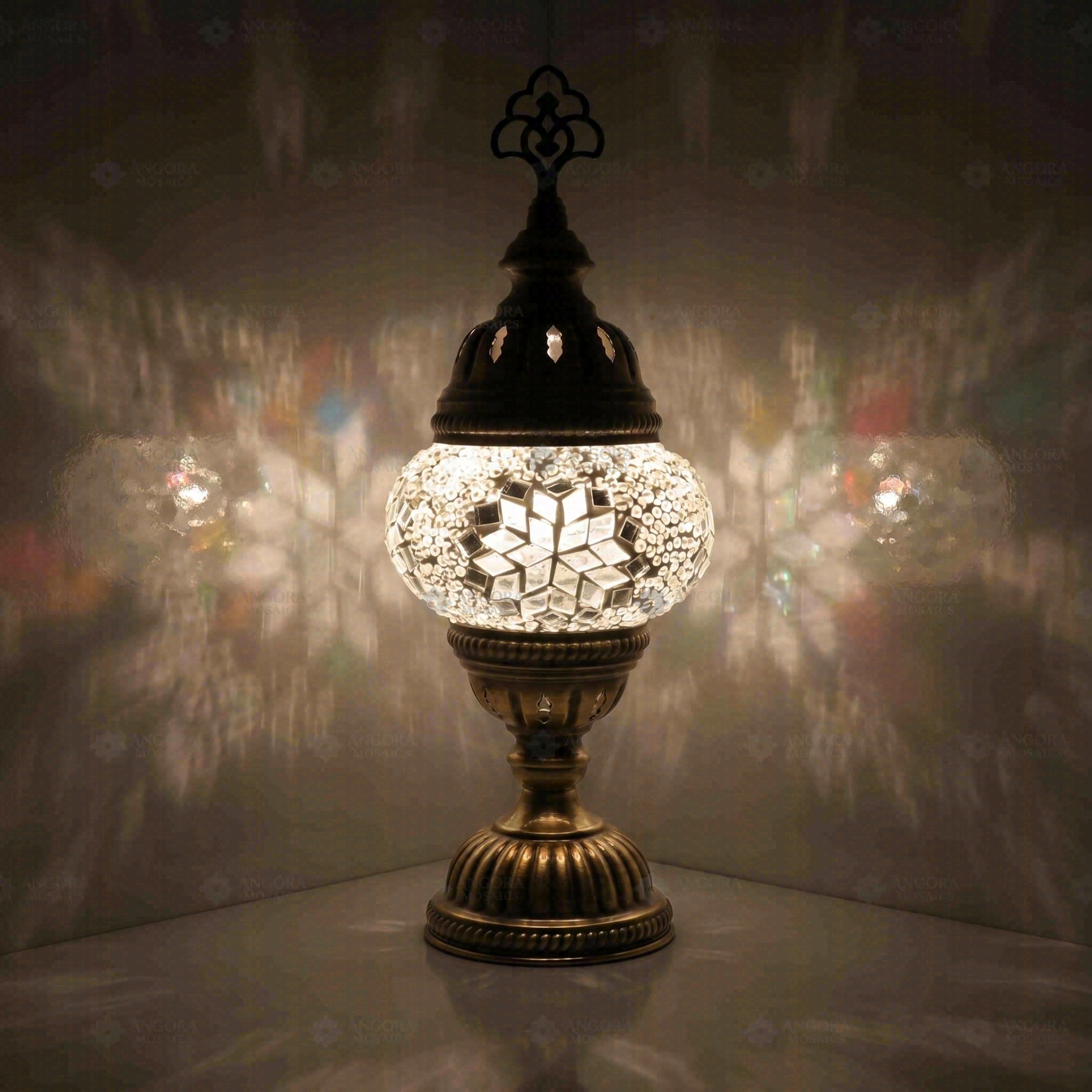ENVA Biała lampa stołowa z mozaiką, turecka lampa mozaikowa, lustrzany wzór gwiazdy, ręcznie robiona marokańska lampka nocna na biurko, przezroczyste szkło