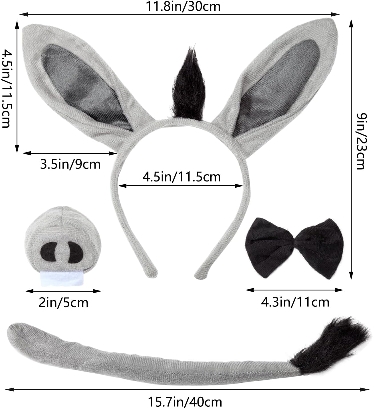 JIALWEN Donkey Costume Set Donkey Ears Headband Nose and Tail Bowtie Animal Kit Cosplay Party Decor Halloween Christmas Easter Dress Up Accessories