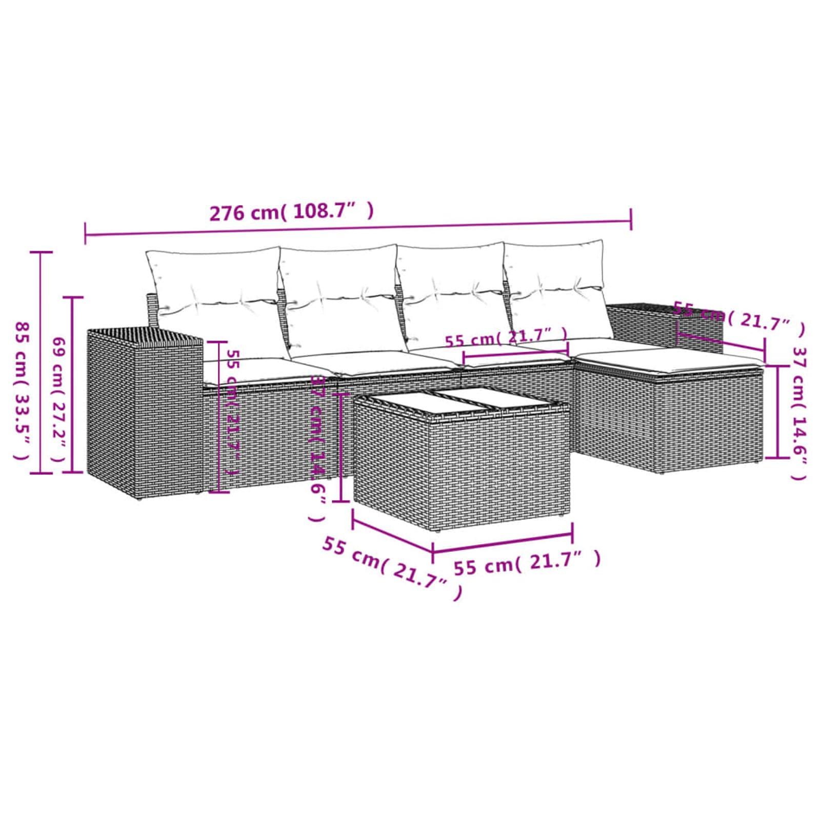 Festnight Conjunto Jardín de Ratán con Cojines Gruesos, Muebles Jardín Exterior, Conjunto Terraza Resistente a la Intemperie, Estructura en Acero - Gris Type-65