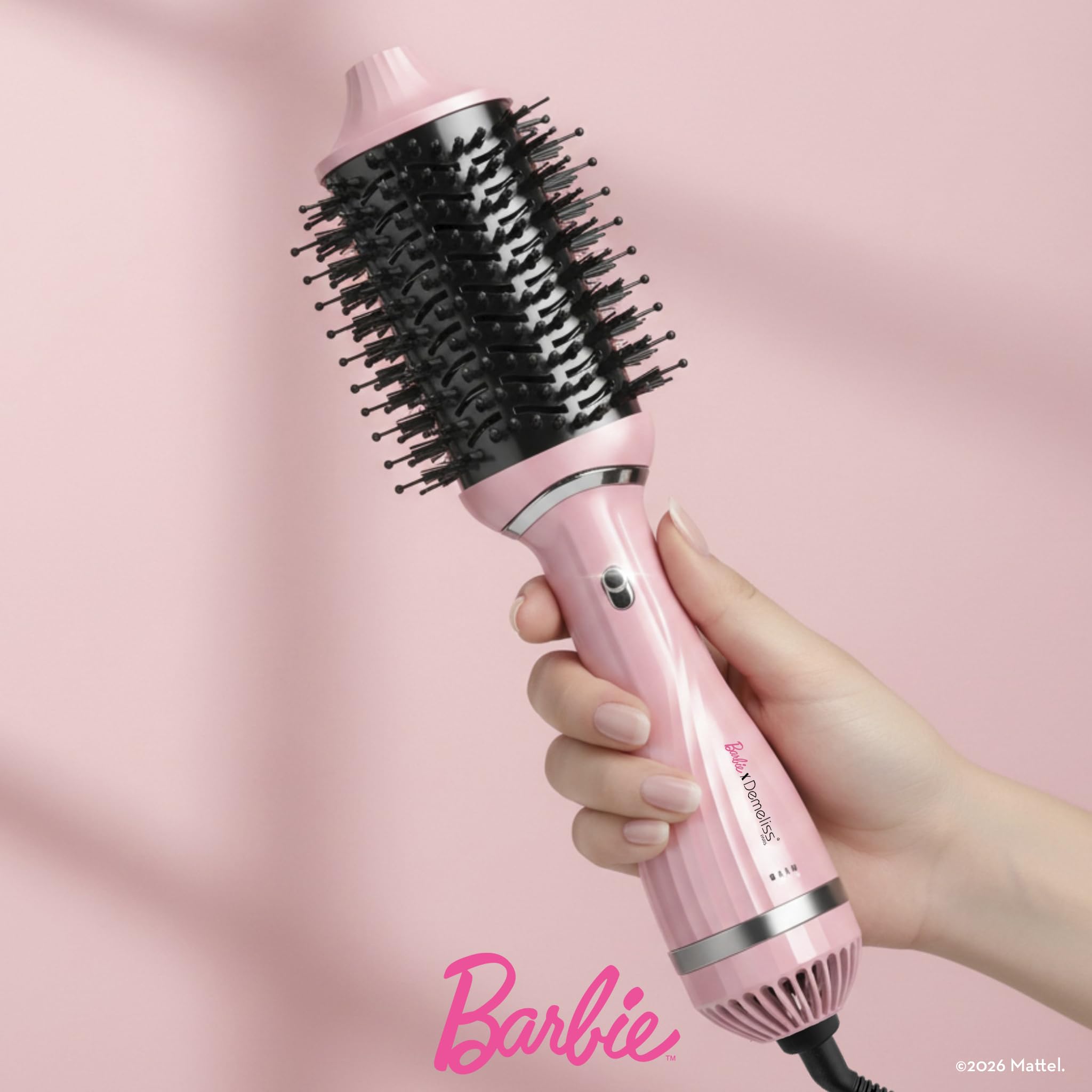 Demeliss VOLUME & STYLE Brosse Soufflante 2 en 1 Barbie™ – Sèche, Coiffe Tous Types Cheveux – 2 Têtes Interchangeables – Revêtement Céramique – 3 Températures – Brushing Volume Professionnel