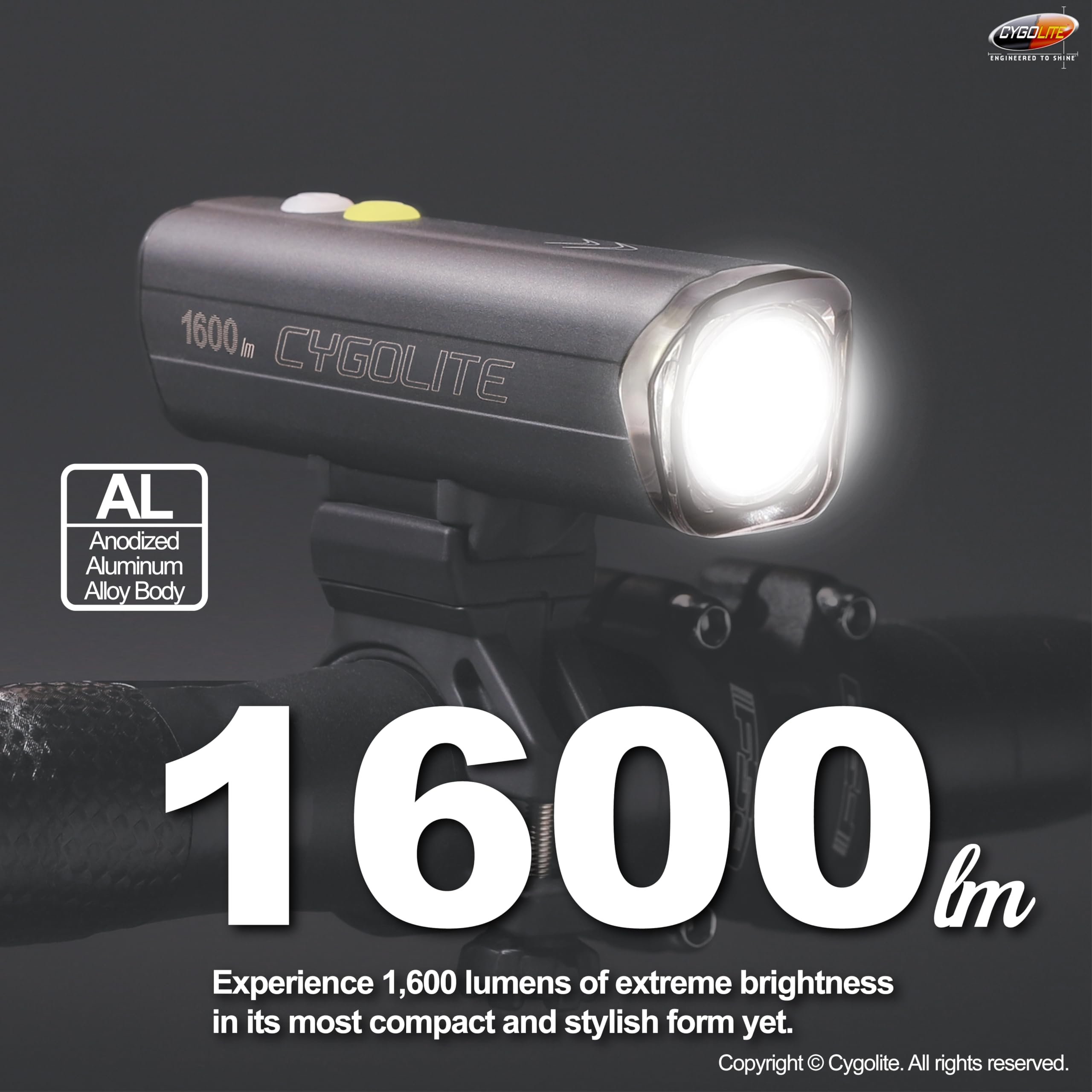 Cygolite Velocity Pro Lampe de vélo 1 600 lumens – Alliage d'aluminium anodisé – 9 modes d'éclairage – Luminosité réglable fine – Compact, étanche IP67 – Support rigide sécurisé – Recharge USB-C –